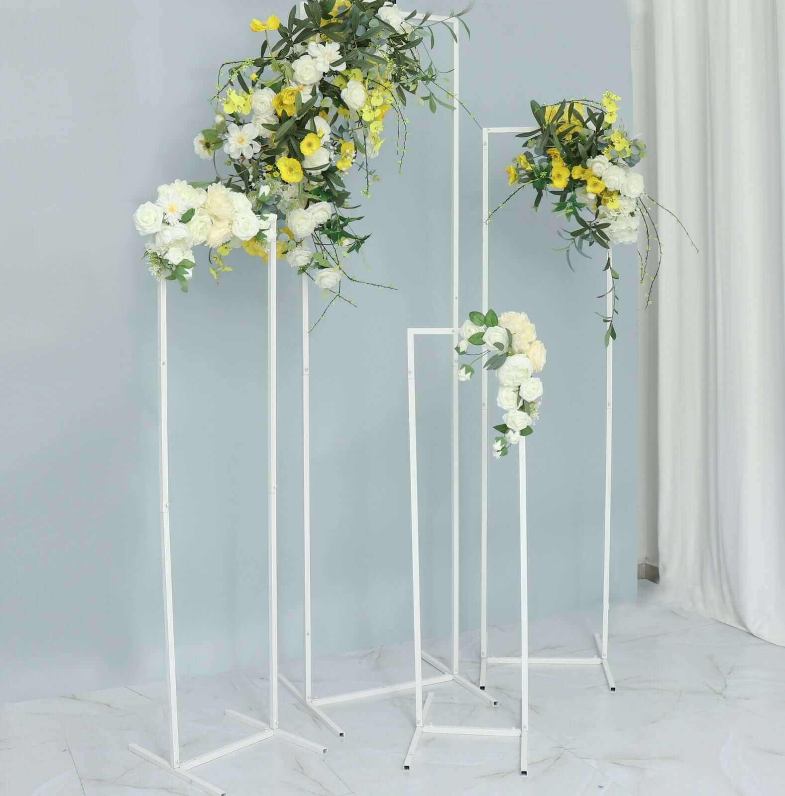 Set of 4 Wedding Arches Slim White Metal Rectangular Design Backdrop Stands - Floral Display Frames 3.6ft-6.5ft