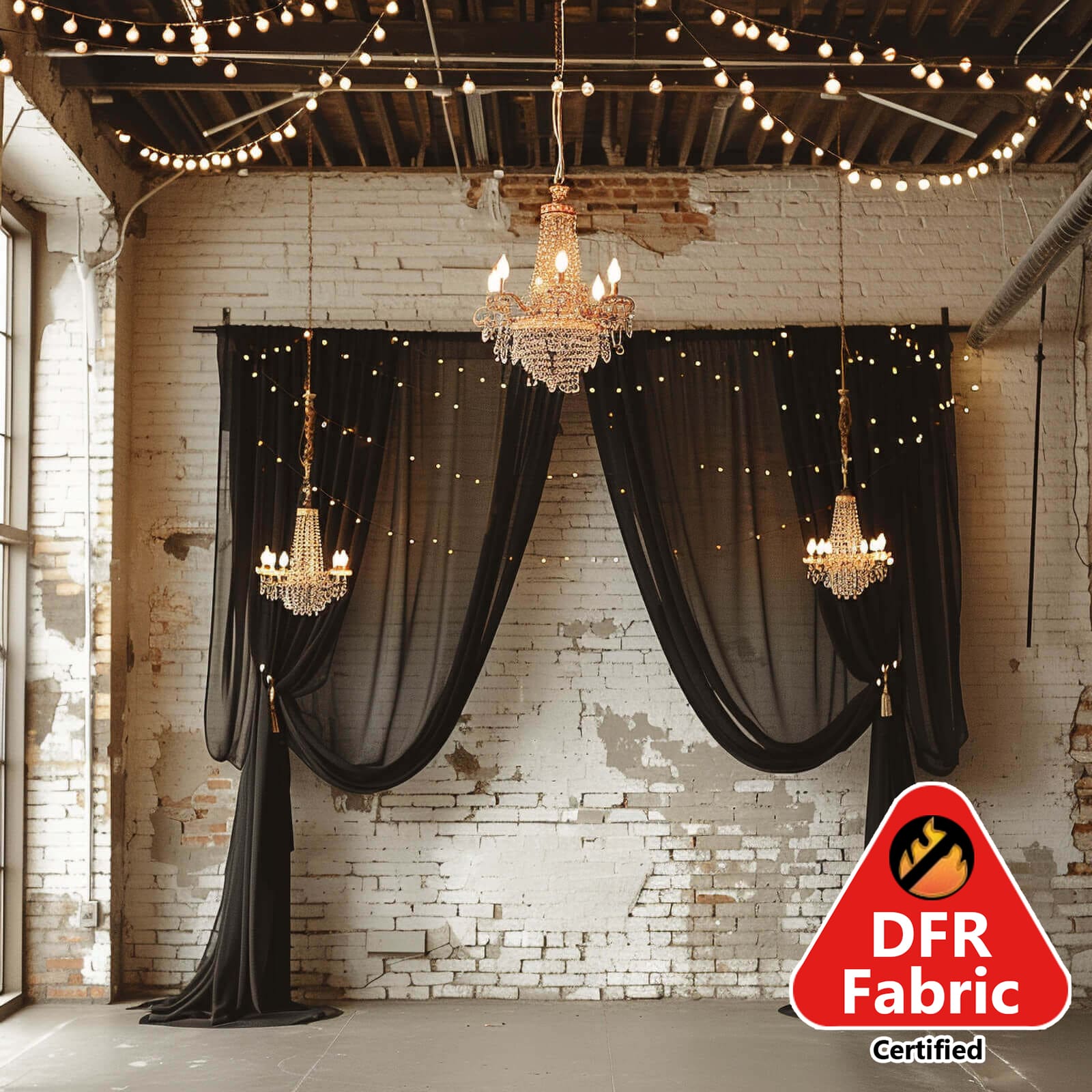 5ftx32ft Premium Black Chiffon Curtain Panel, Durable Flame Resistant Backdrop Ceiling Drapery With Rod Pocket