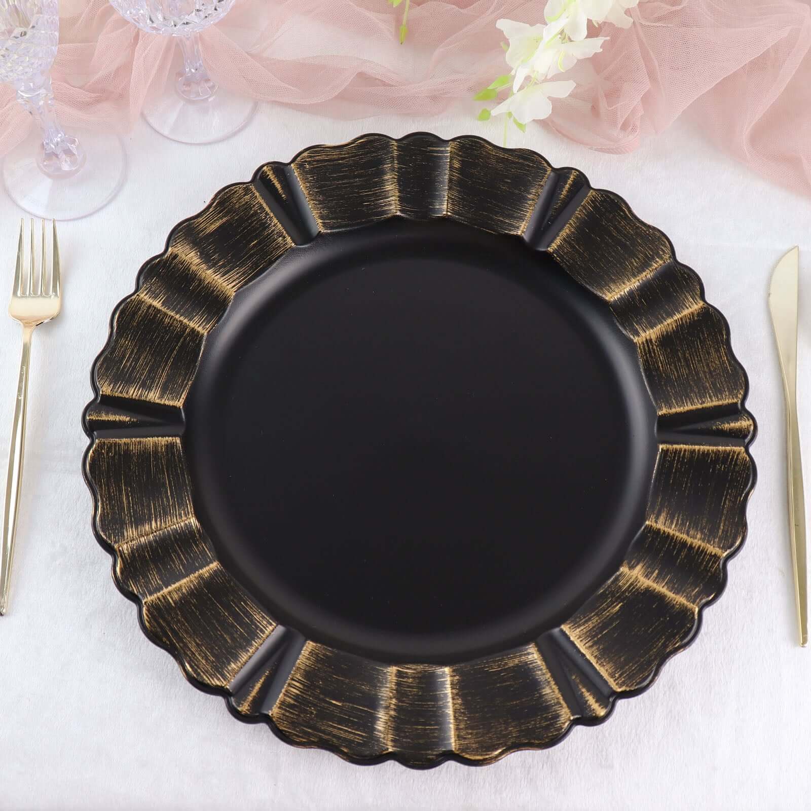 6-Pack Acrylic Plastic Round Charger Plates 13 in Matte Black with Gold Brushed Wavy Scalloped Rim, Decorative Dinner Party Charger Tableware