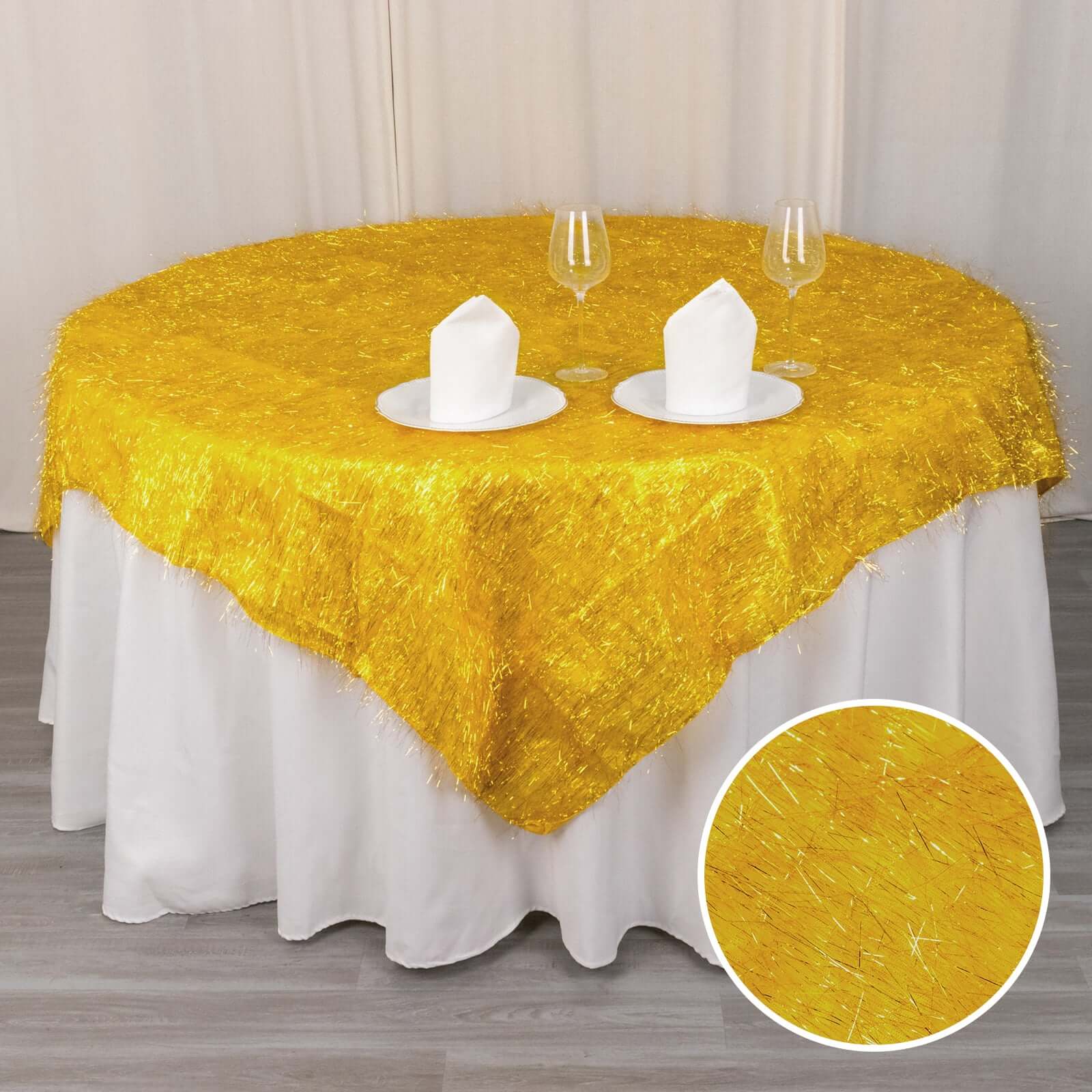 Polyester 72x72 Table Overlay Square Tablecloth Gold - Metallic Fringe Shag Tinsel Design for Luxe Events