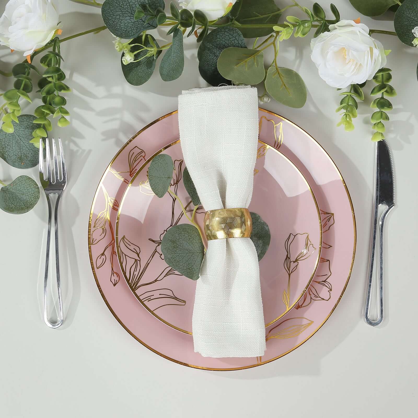 Set of 20 Plastic Round Dinner and Dessert Plates in Dusty Rose with Metallic Gold Floral Design - Stylish Disposable Dinnerware 8, 10