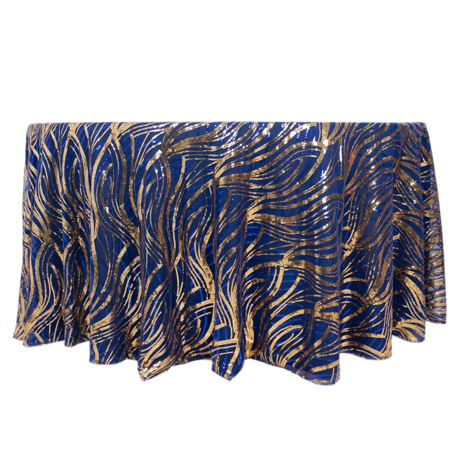 Sequin Mesh 120 Round Tablecloth Royal Blue/Gold - Seamless Wave Embroidered Table Cover