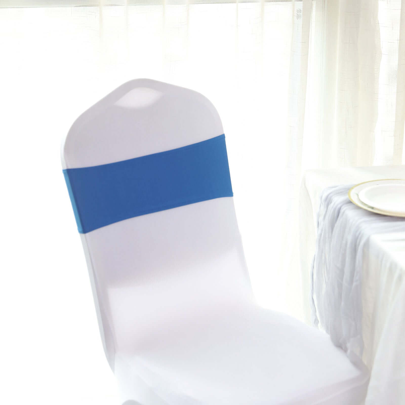 5 Pack Stretch Spandex Chair Sashes Royal Blue - Reusable Chair Bands with Silver Diamond Ring Slide Buckle 5x14