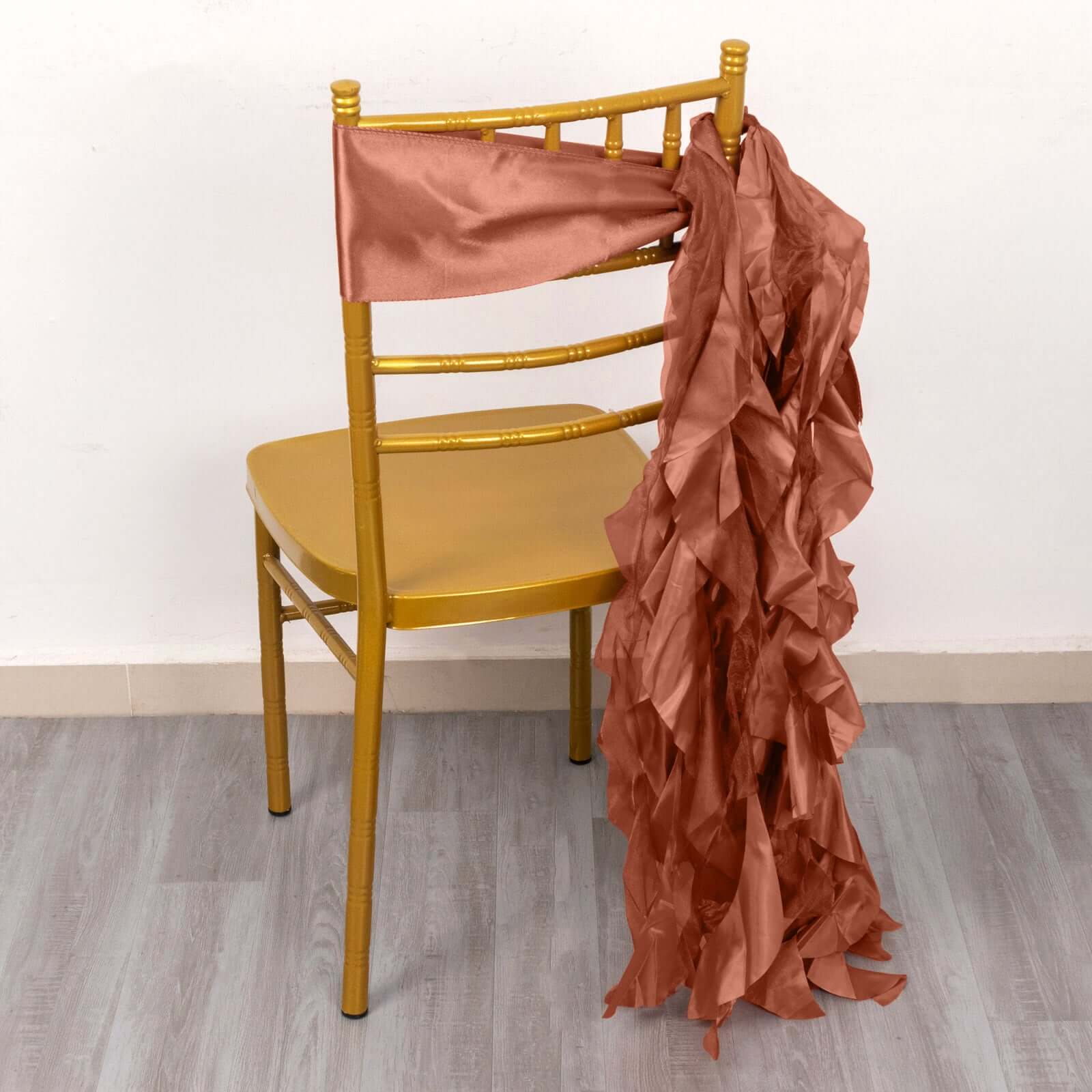 5 Pack Chiffon Satin Chair Sashes Terracotta (Rust) - Easy to Install Ruffled Curly Willow