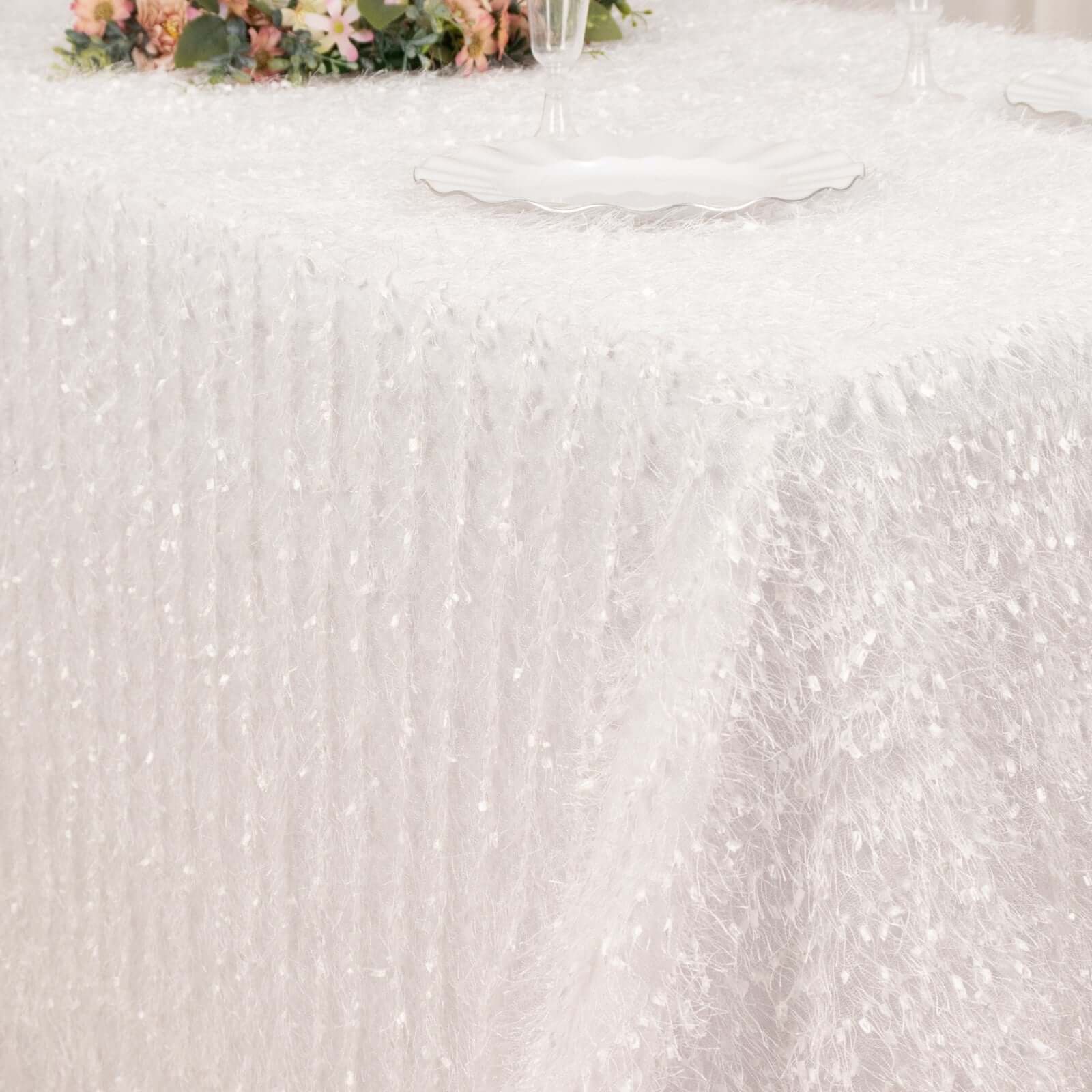 Polyester 90x156 Rectangle Tablecloth White with Shaggy Fringe Design - Stylish Table Cover