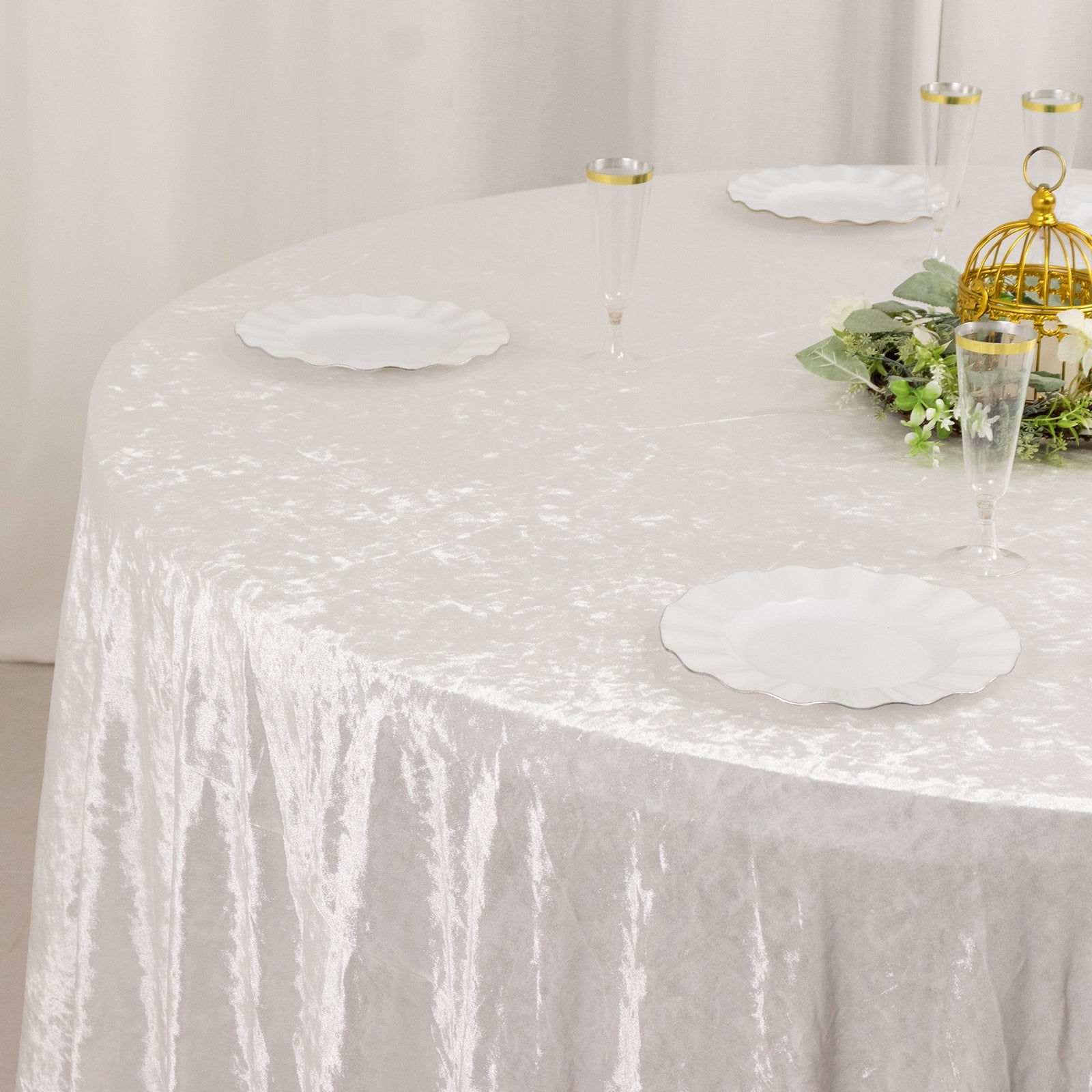 Premium Crushed Velvet 120 Round Tablecloth White - Reusable Soft & Stylish Seamless Table Cover