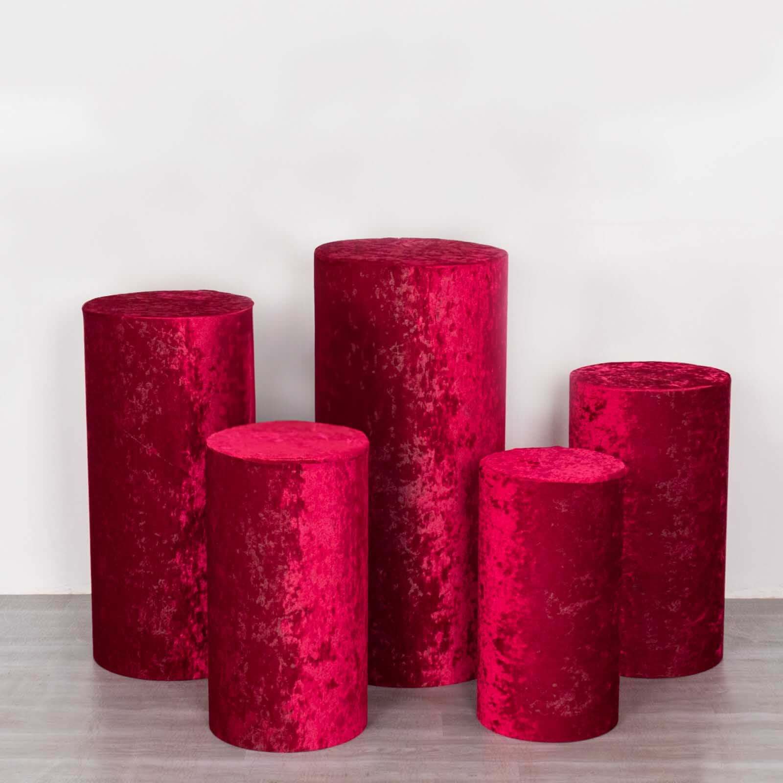 Set of 5 Red Crushed Velvet Cylinder Pedestal Stand Covers, Premium Pillar Prop Covers