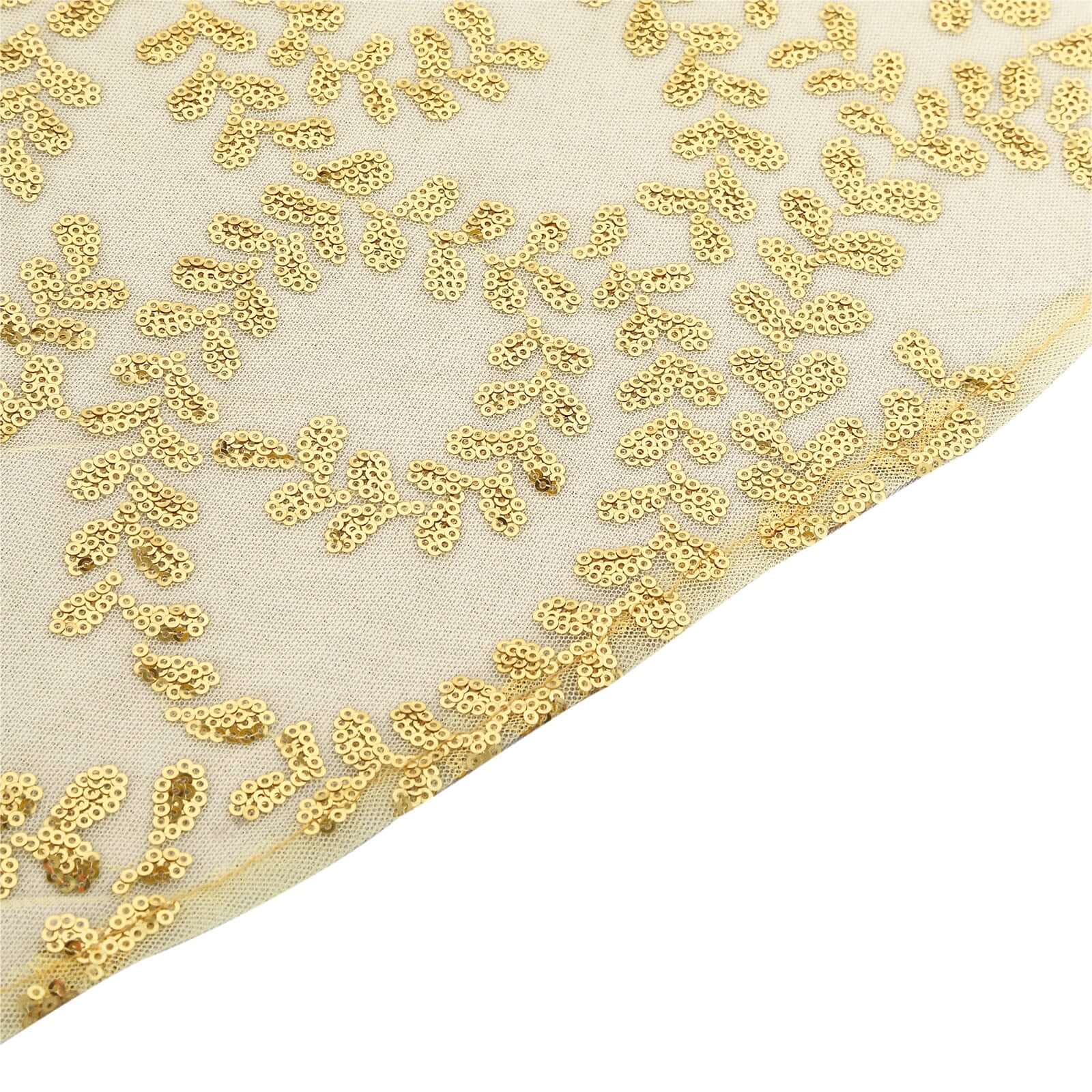 Tulle 120 Round Tablecloth Gold - Seamless Sequin Leaf Embroidered Design for Sophisticated Occasions