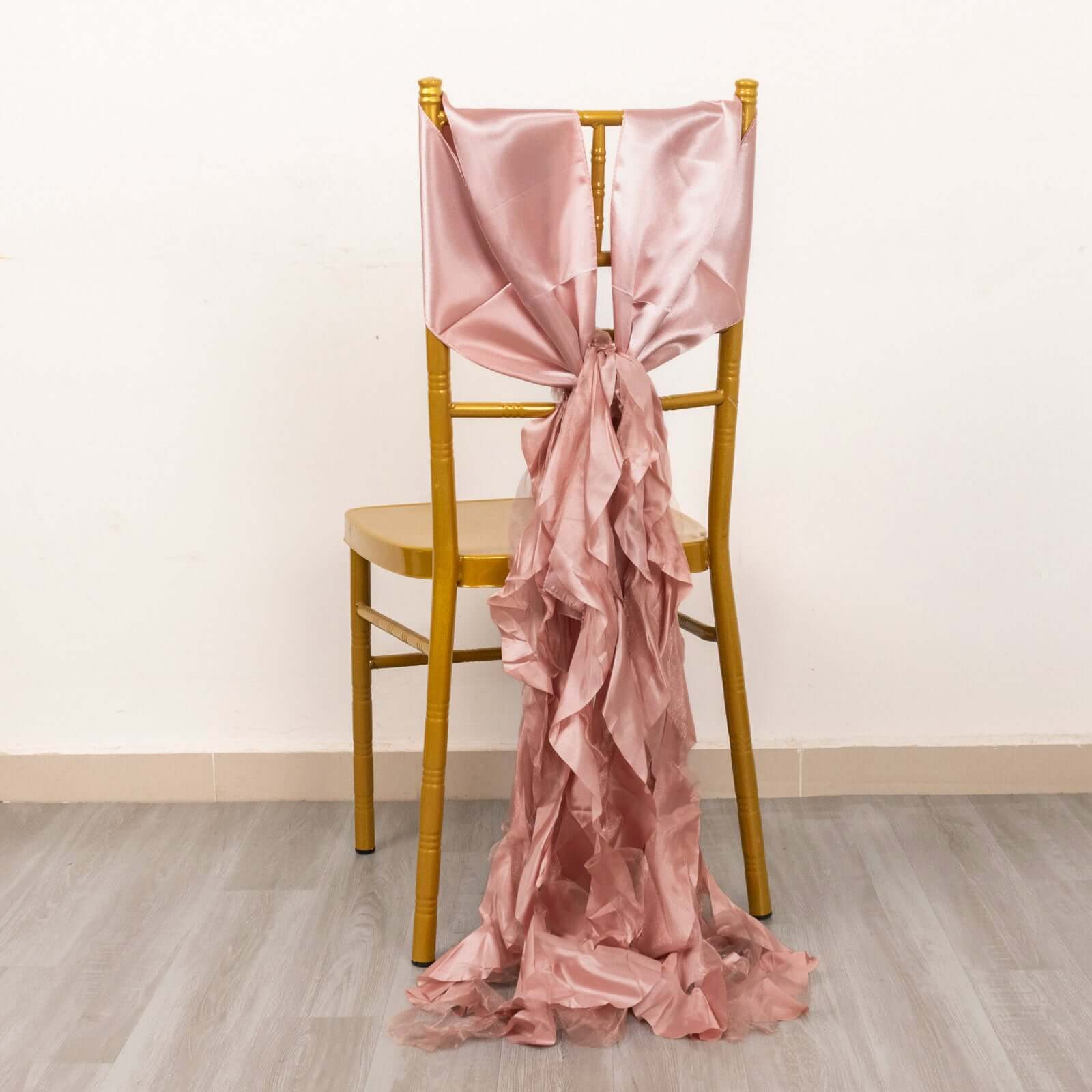 5 Pack Chiffon Satin Chair Sashes Mauve - Easy to Install Ruffled Curly Willow