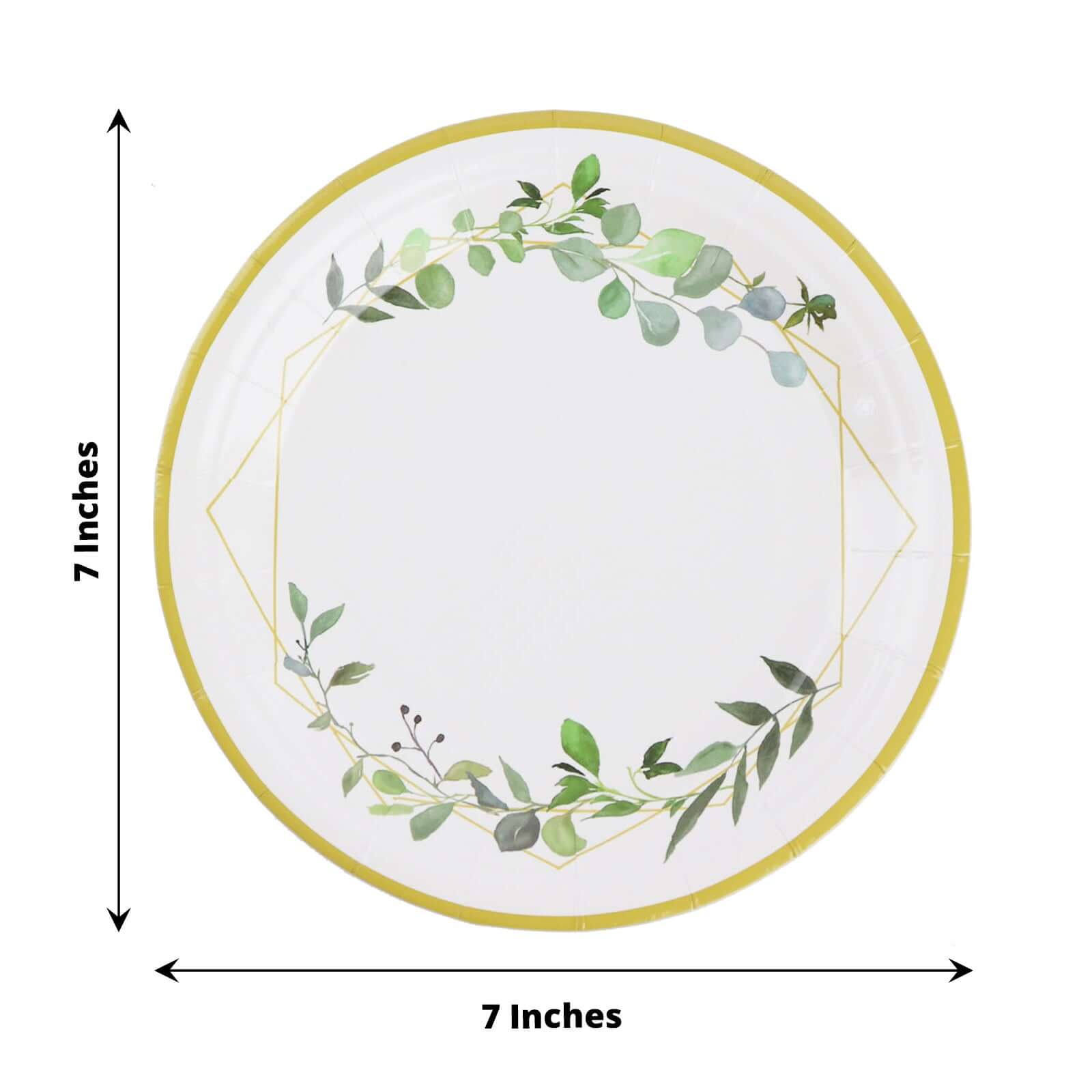 24-Pack Paper 7 Round Dessert Plates in White with Eucalyptus Leaves & Gold Rim - Disposable 300GSM Salad Plates for Garden Weddings & Celebrations