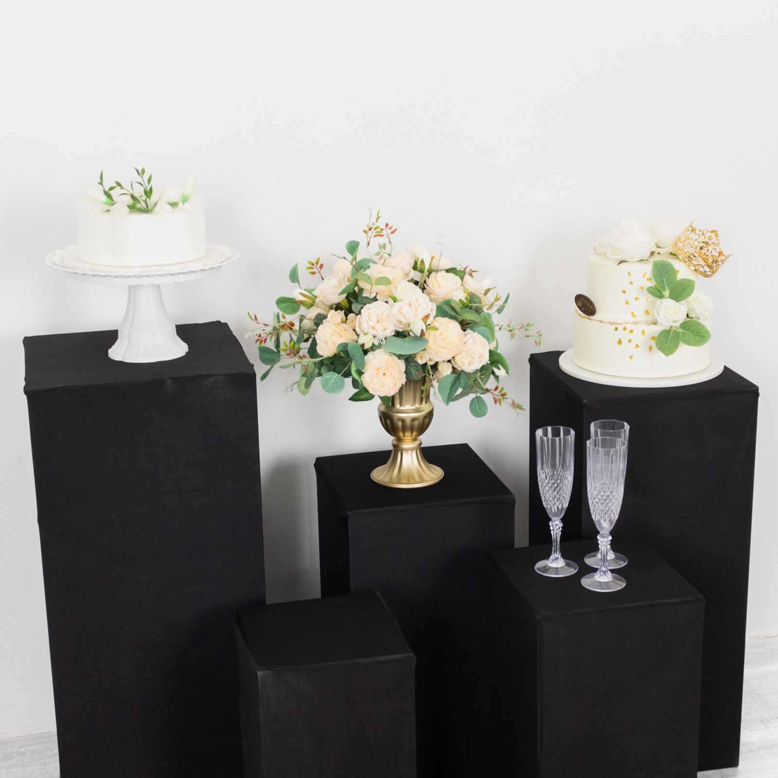 Set of 5 Black Spandex Rectangle Pedestal Stand Covers, Stretchable Pillar Prop Covers - 160 GSM