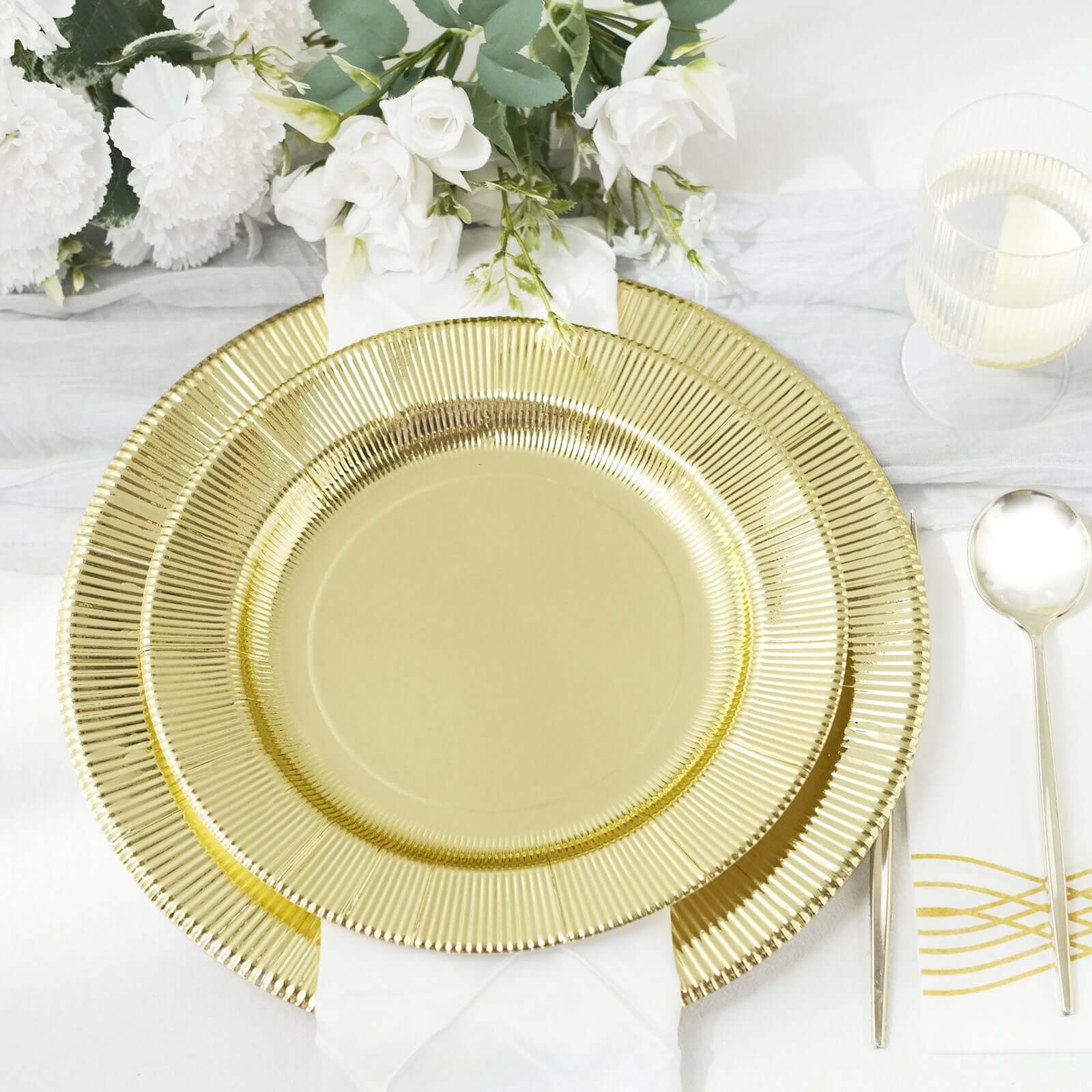 25-Pack Paper 8 Round Dessert Plates in Metallic Gold Sunray Design - Disposable Heavy Duty 350GSM Appetizer Salad Plates