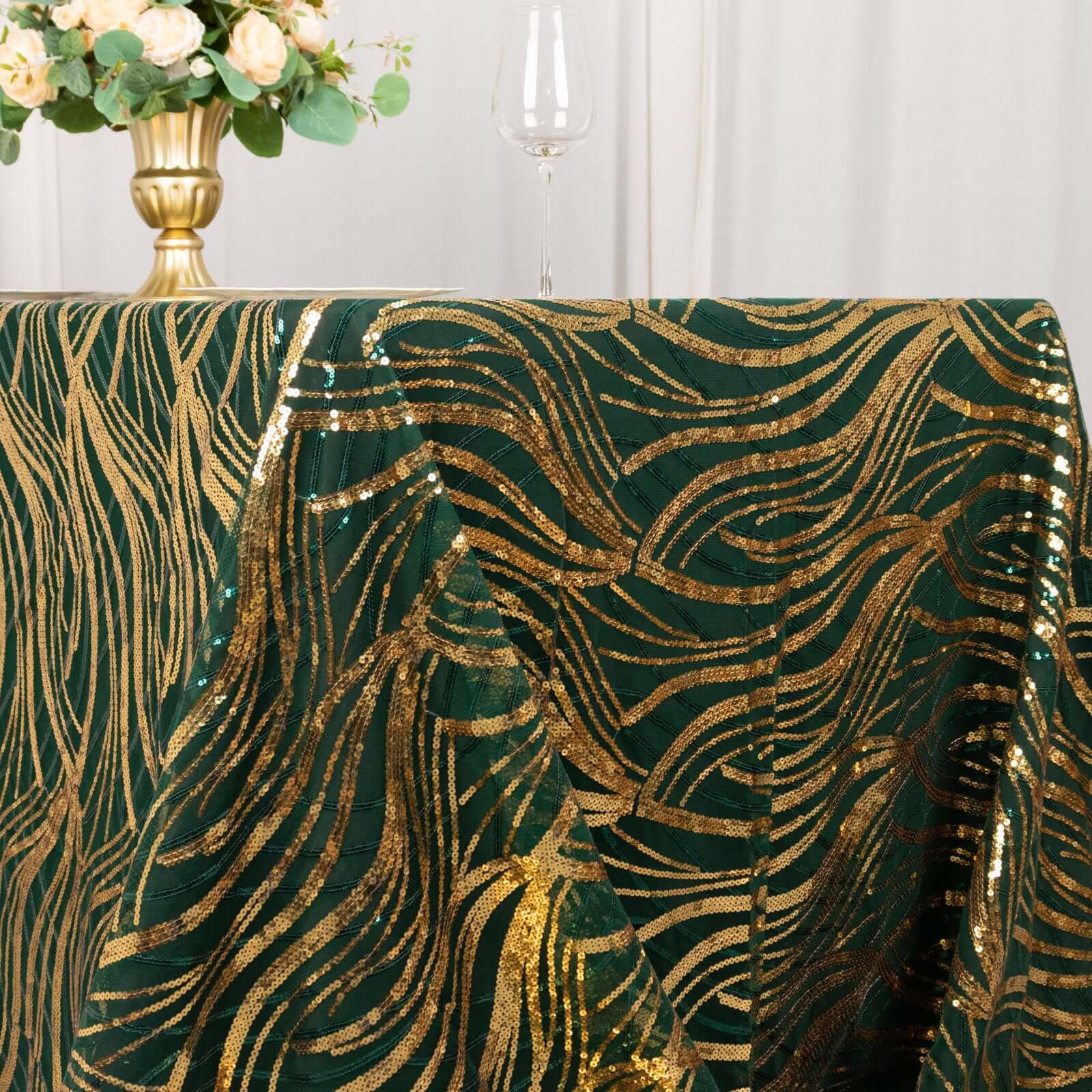 Mesh 90x156 Rectangle Tablecloth Hunter Emerald Green/Gold - Wave Sequin Embroidered Table Cover