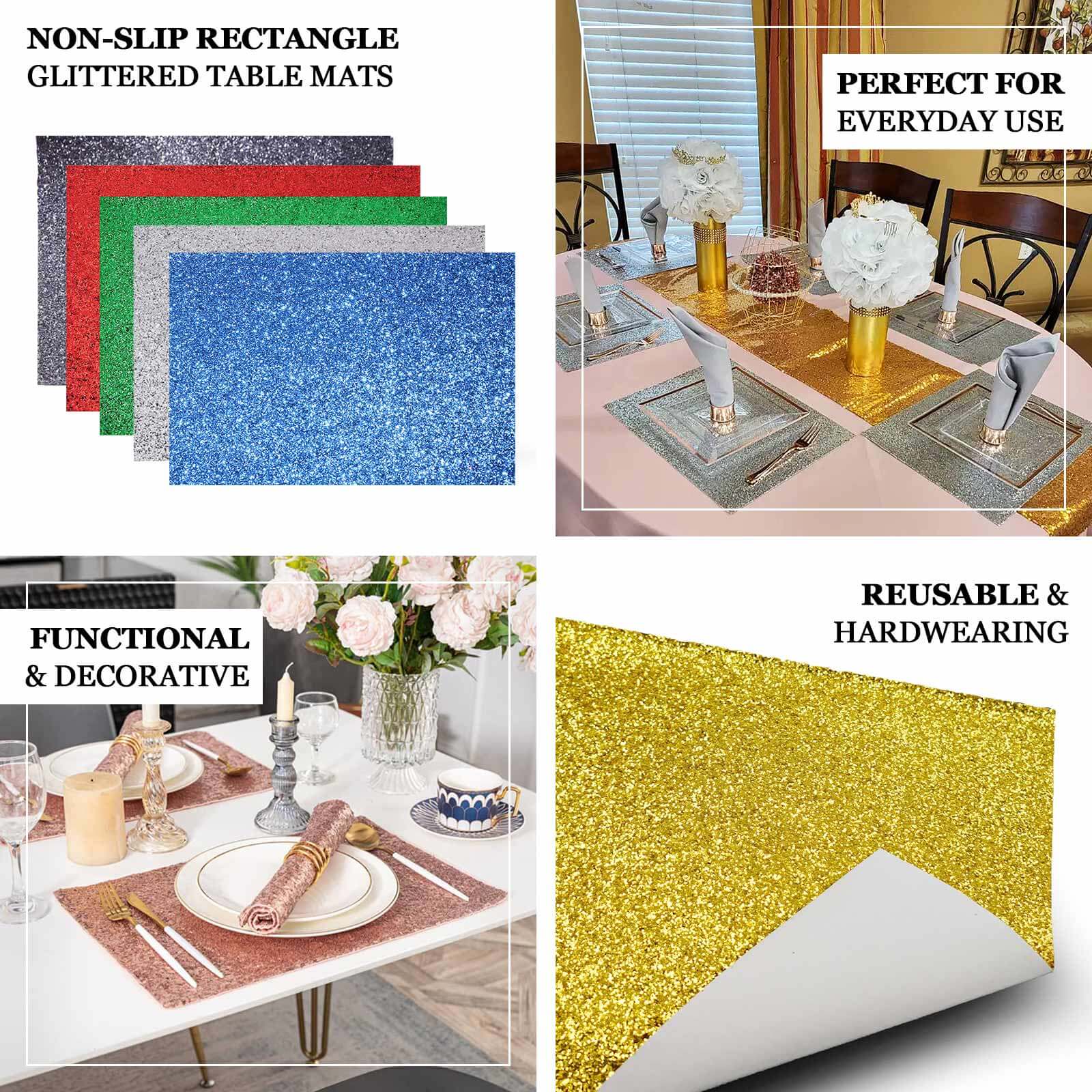 6-Pack Placemats Glitter Design Rose Gold Sparkle Rectangle - Non-Slip Decorative Dining Table Mats 12x18