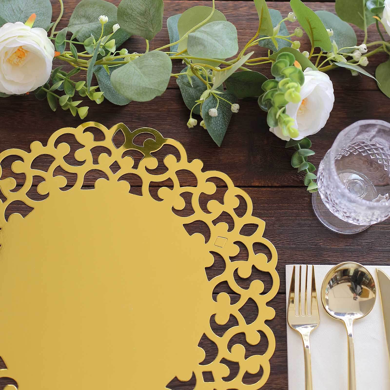 6-Pack Disposable Table Placemats in Metallic Gold with Laser Cut Floral Rim - 400GSM Cardboard Placemats for Glamorous Table Settings 13