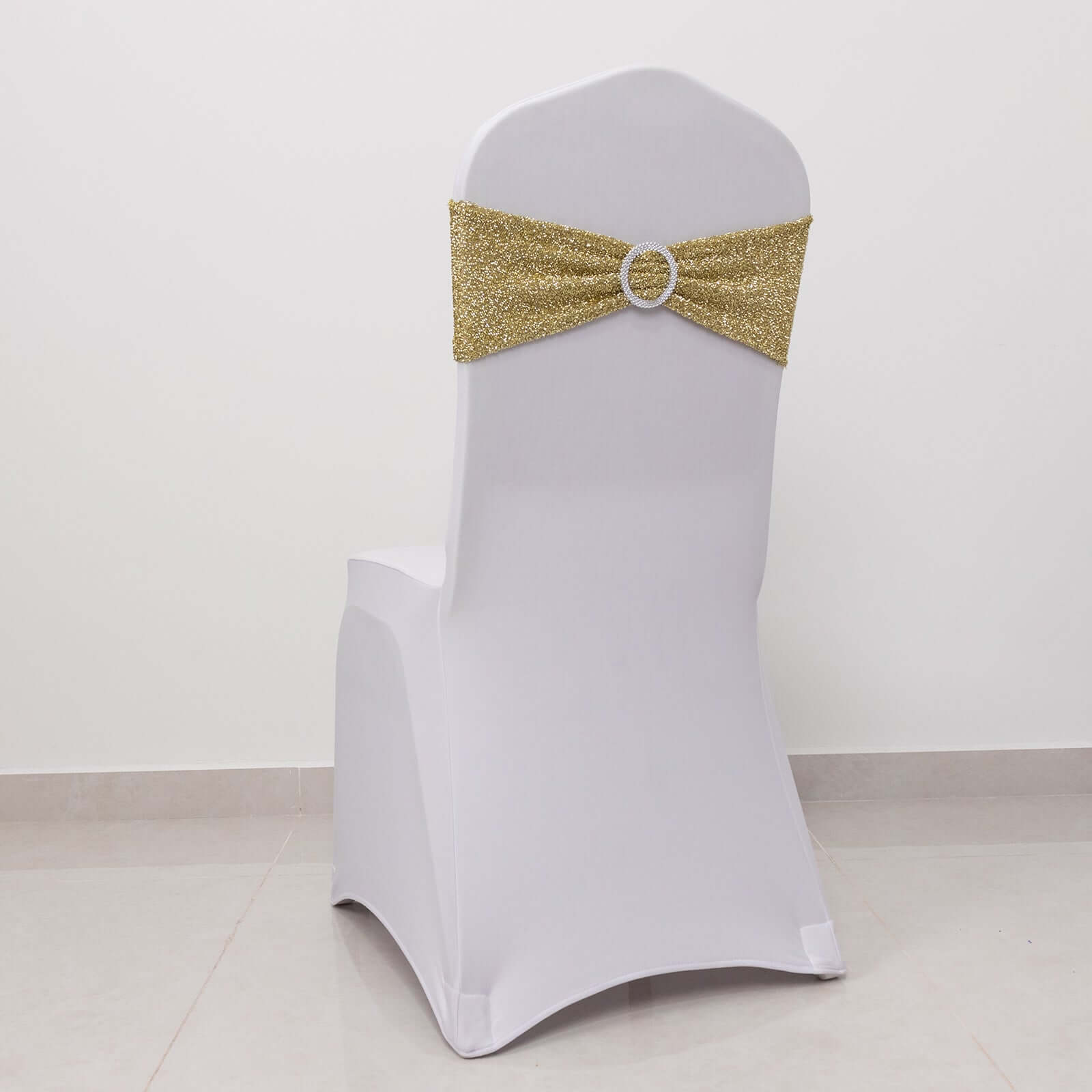 5 Pack Chair Sashes Shimmer Tinsel Spandex 5x12 with Silver Rhinestone Buckles Champagne - Stylish Chair Bands