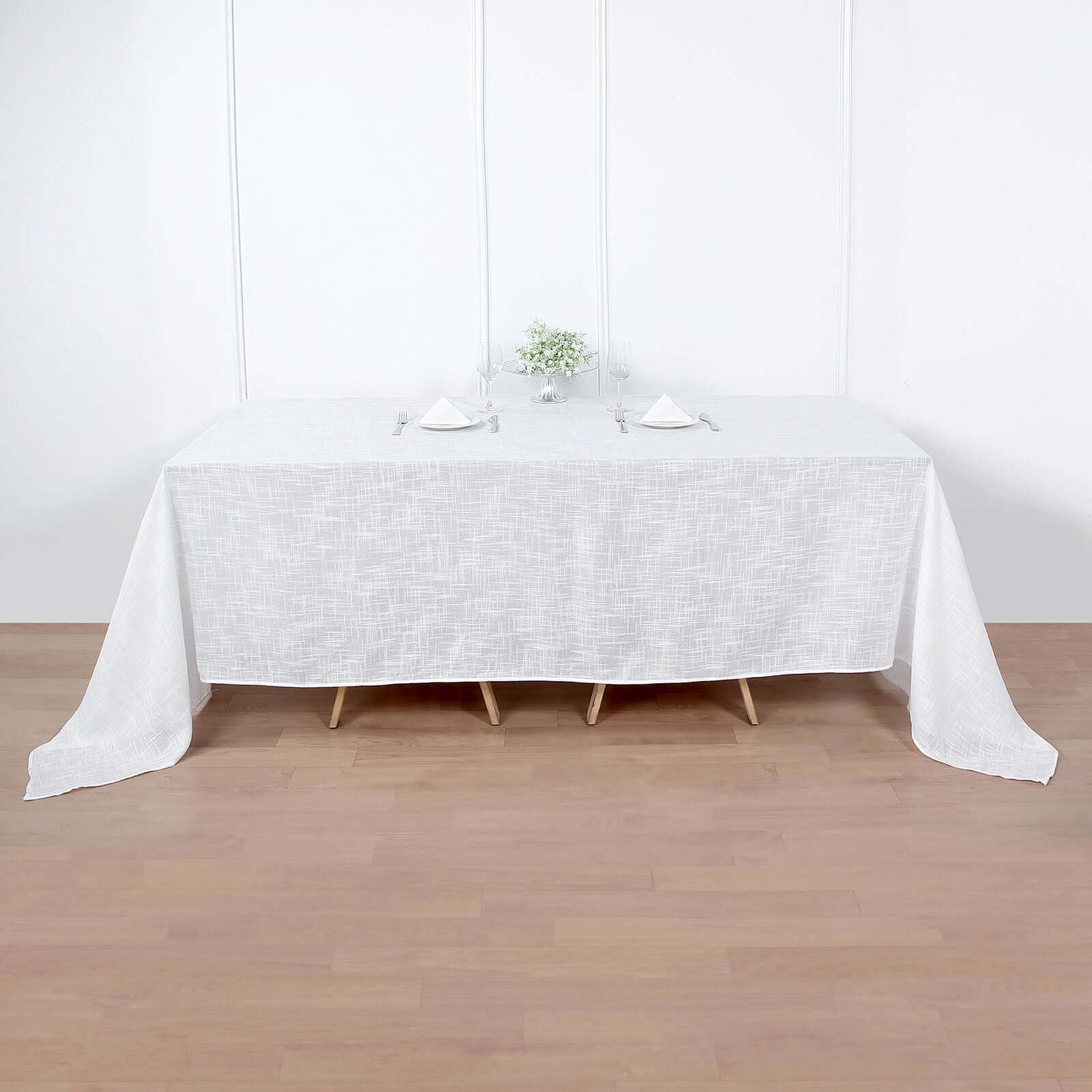 Faux Linen 90x156 Rectangular Tablecloth White - Slubby Texture Wrinkle-Resistant Seamless Table Cover for Weddings and Events