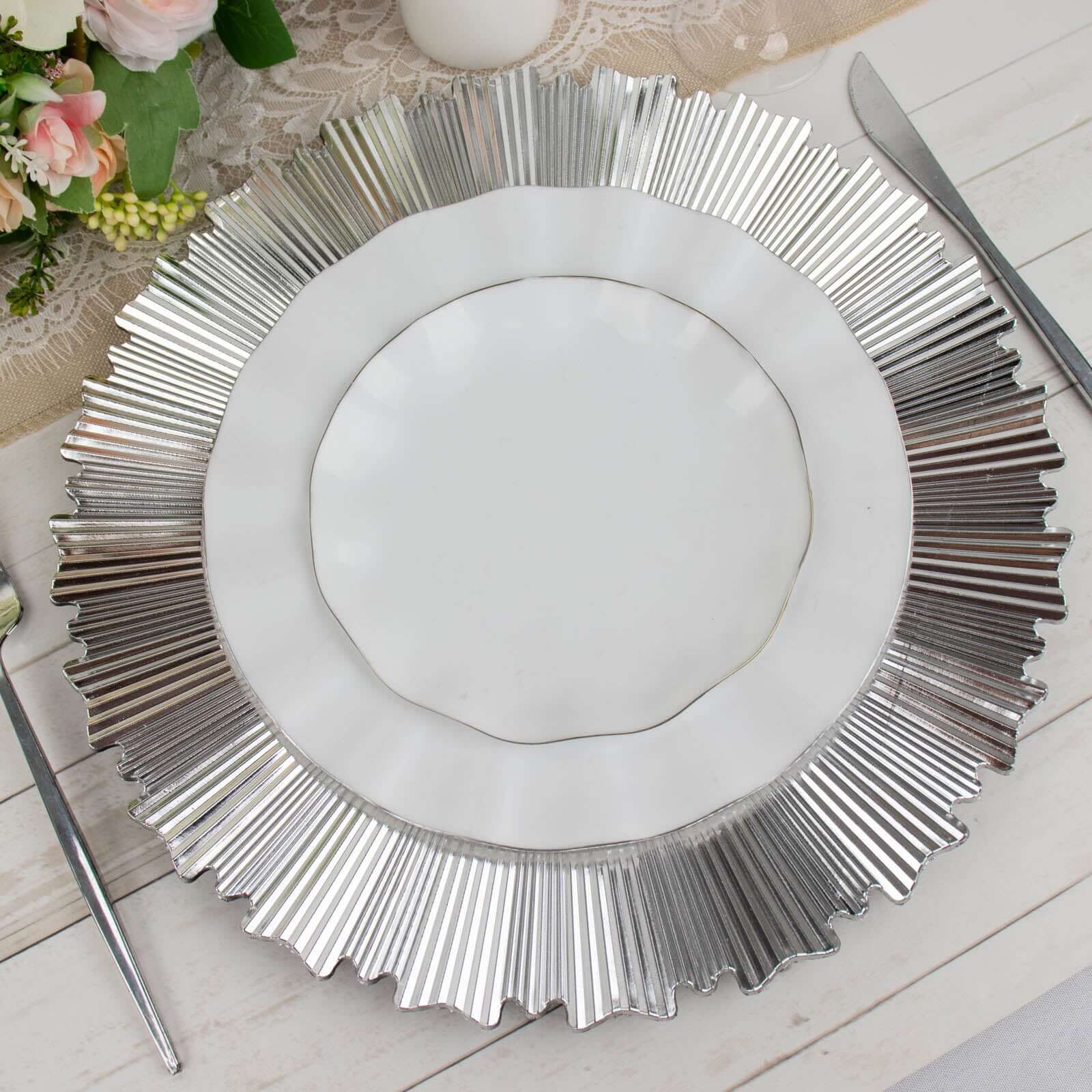 6-Pack Acrylic Plastic Round Charger Plates 13 in Metallic Silver with Sunray Scalloped Rim, Decorative Dinner Party Charger Tableware