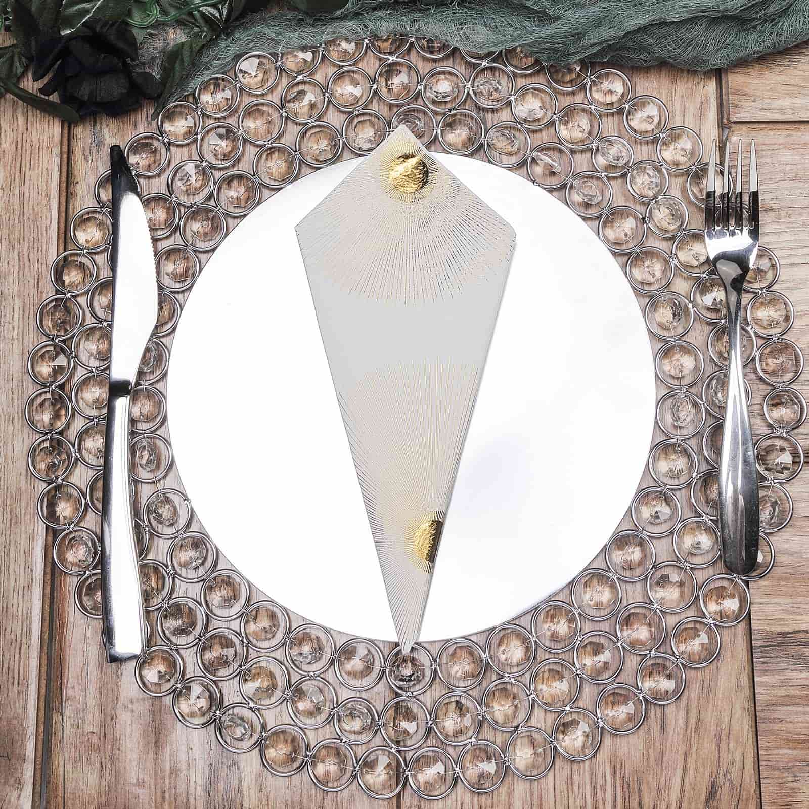 Wired Metal Round Charger Plate 14 in SIlver with Acrylic Crystal Beads, Glamorous Decorative Dinner Charger Tableware