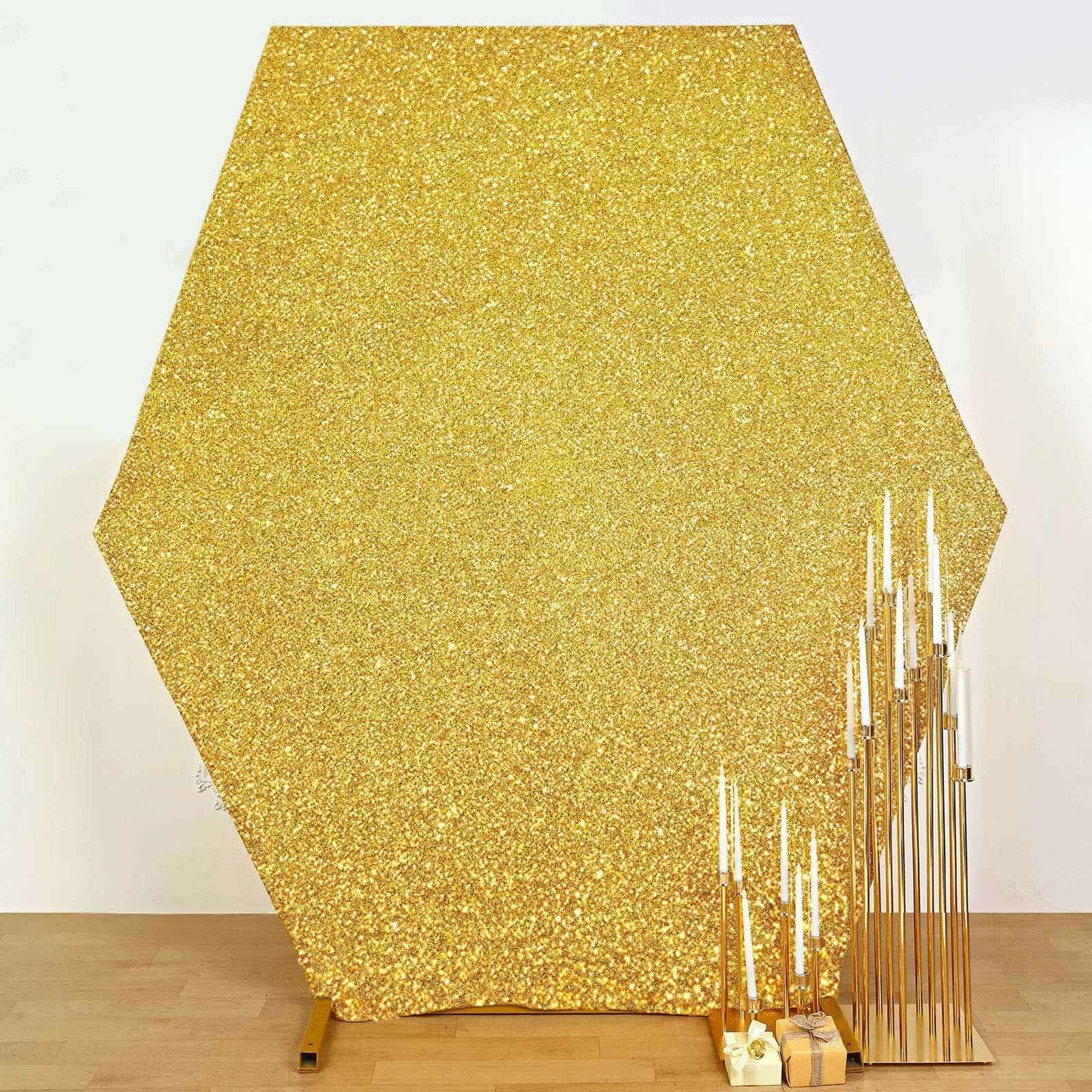 8ftx7ft Gold Metallic Shimmer Tinsel Spandex Hexagon Wedding Arbor Cover, 2-Sided Backdrop