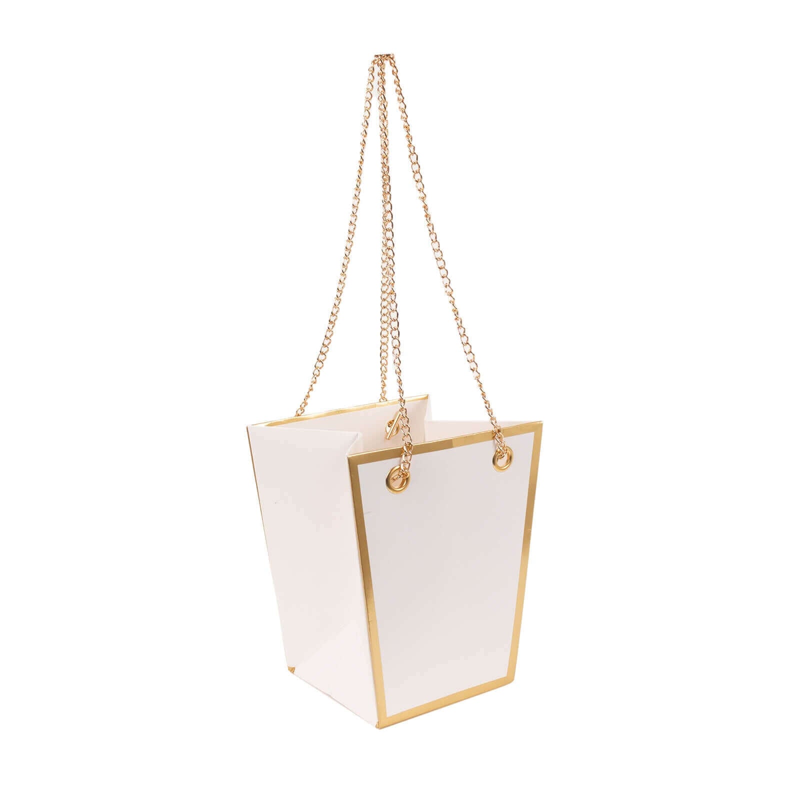 6 Pack White Gold Edge Paper Flower Gift Bags With Metal Chain Handles, Trapezoid Party Favor Tote Bags - 5x6