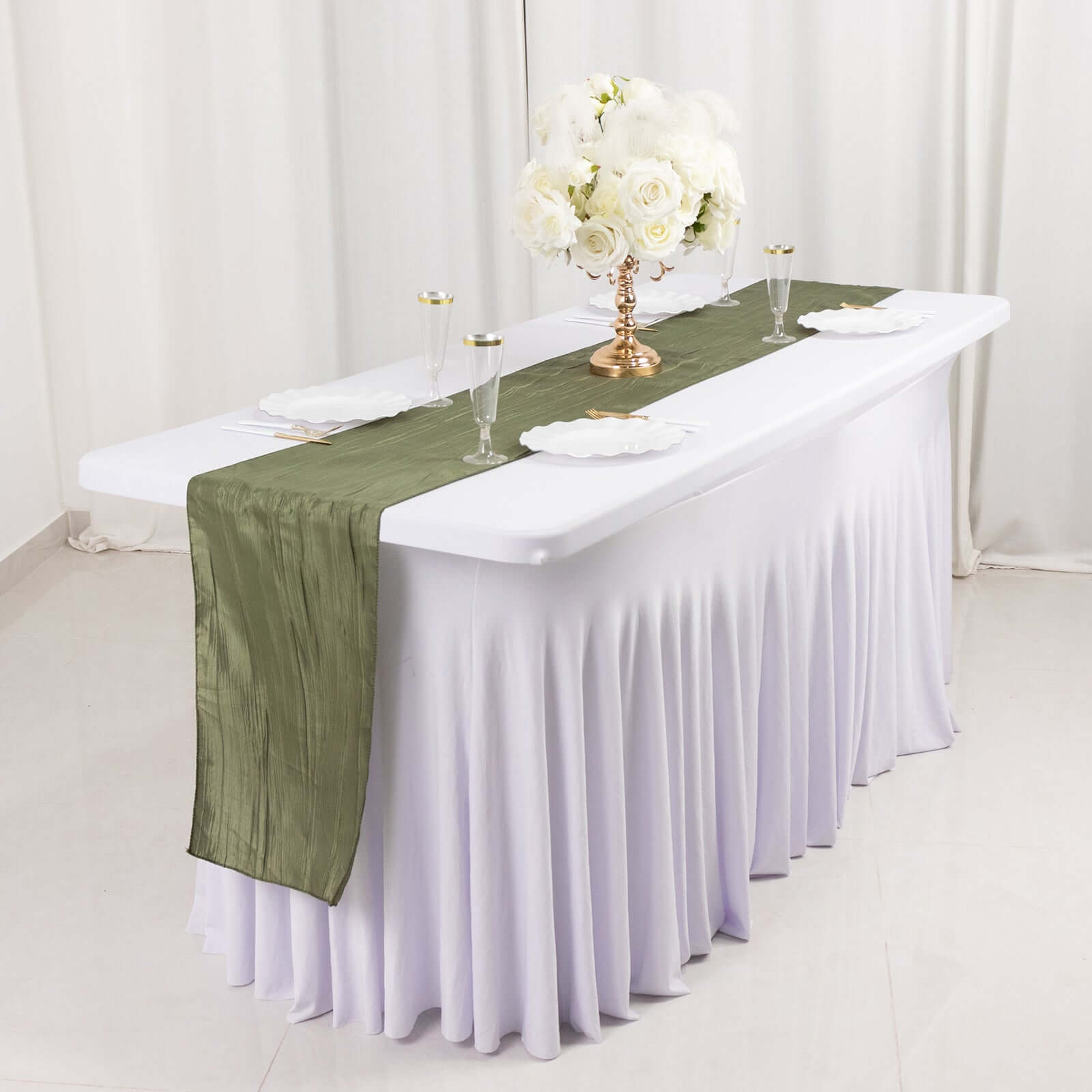 Taffeta 12x108 Table Runner Dusty Sage Green - Accordion Crinkle Design