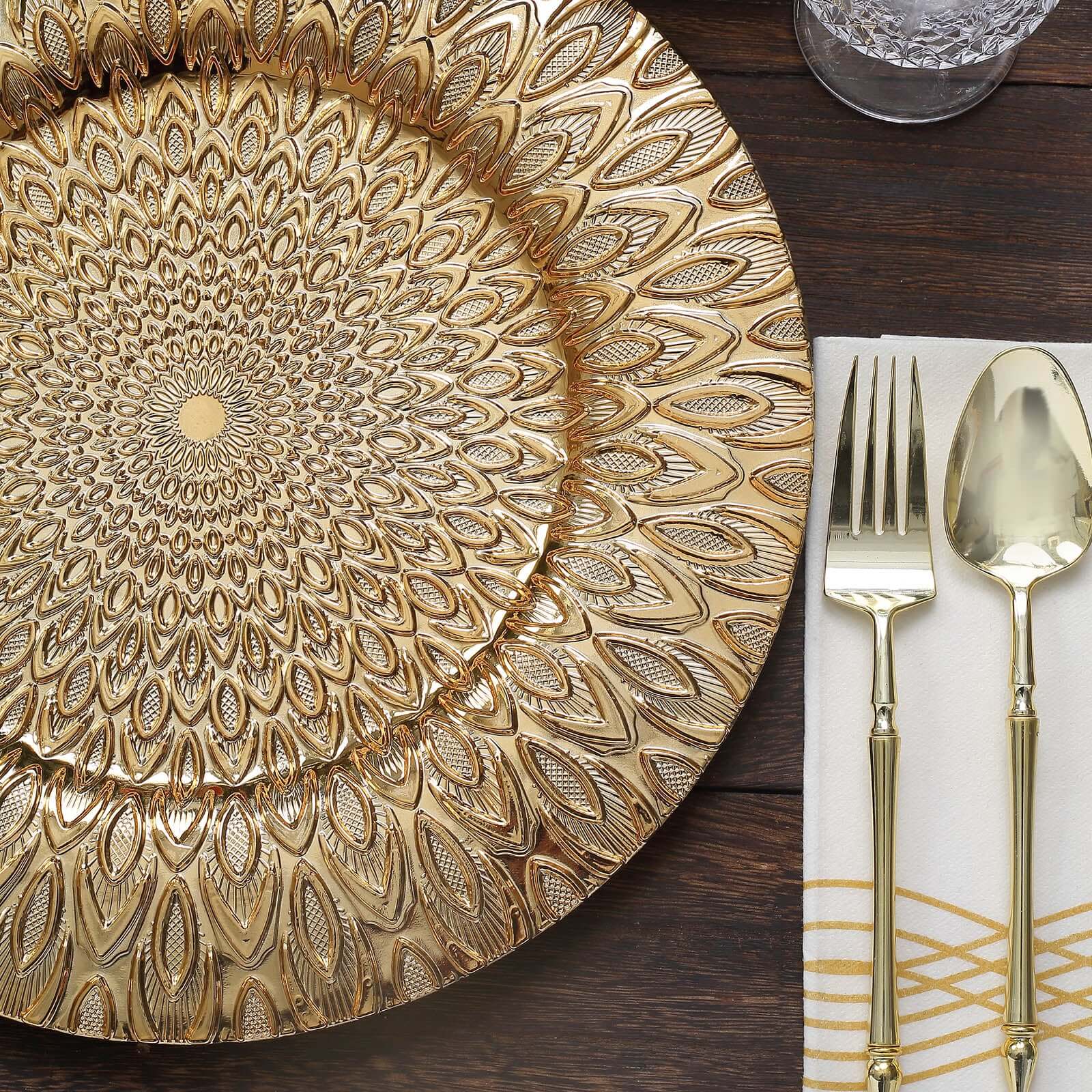 6-Pack Plastic Round Charger Plates 13 in Gold with Embossed Peacock Pattern, Stylish Disposable Charger Tableware