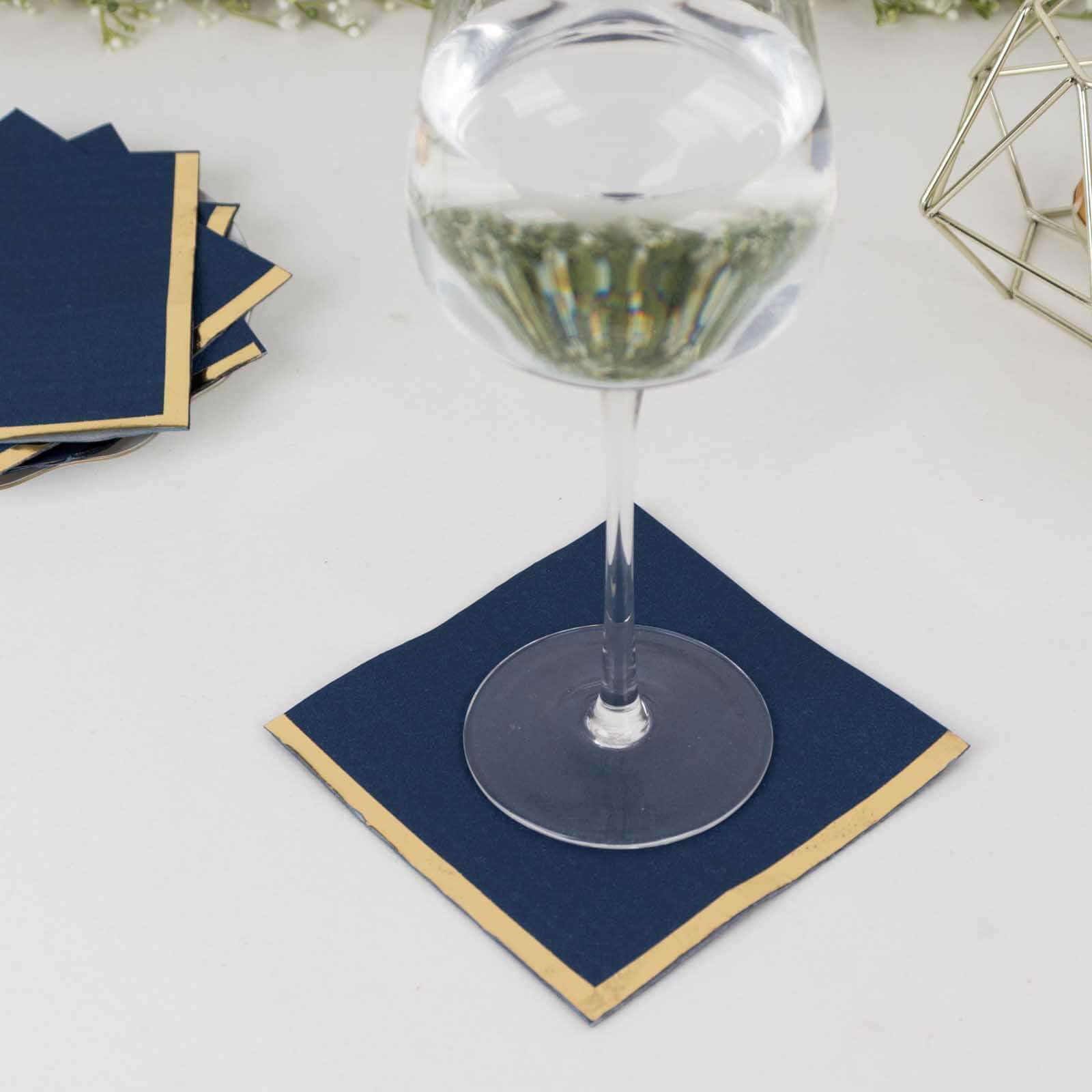 50-Pack Paper Beverage Napkins Navy Blue with Gold Foil Edge - 2 Ply Disposable Soft 18GSM Cocktail Napkins 5x5