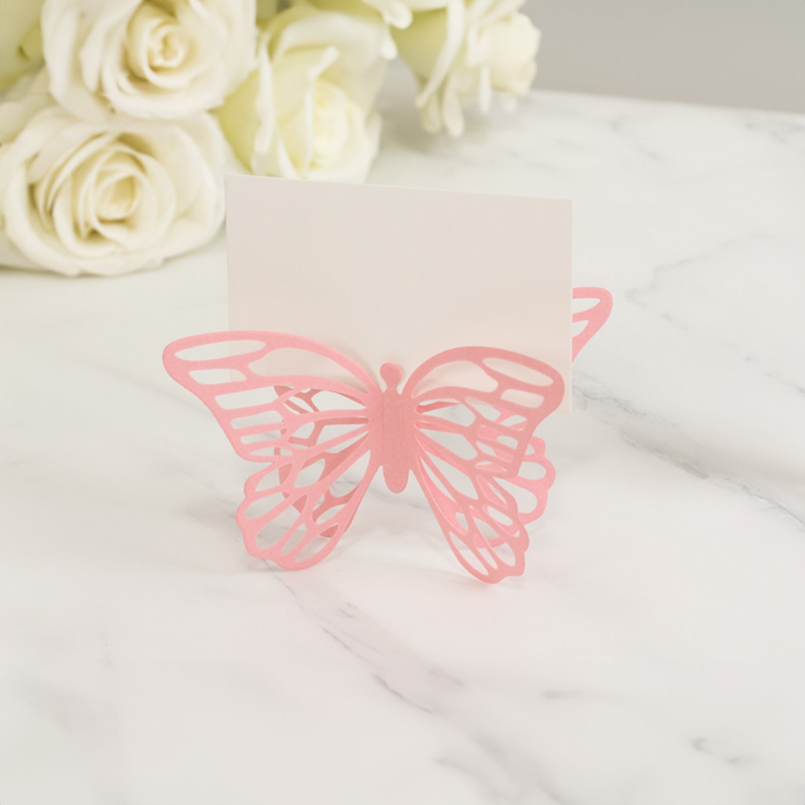 25-Pack Paper Butterfly Place Card Holders Pink with White Printable Cards - 3D Free Standing Table Number Stands 3x5