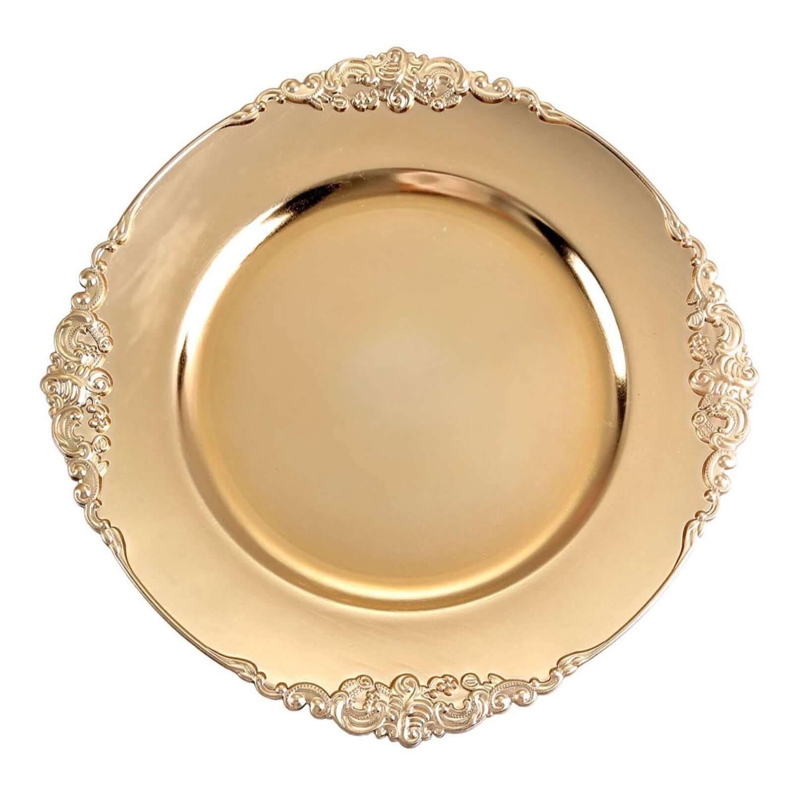 6-Pack Acrylic Round Charger Plates 13 in Gold with Embossed Baroque Rim, Antique Decorative Dinner Party Charger Tableware