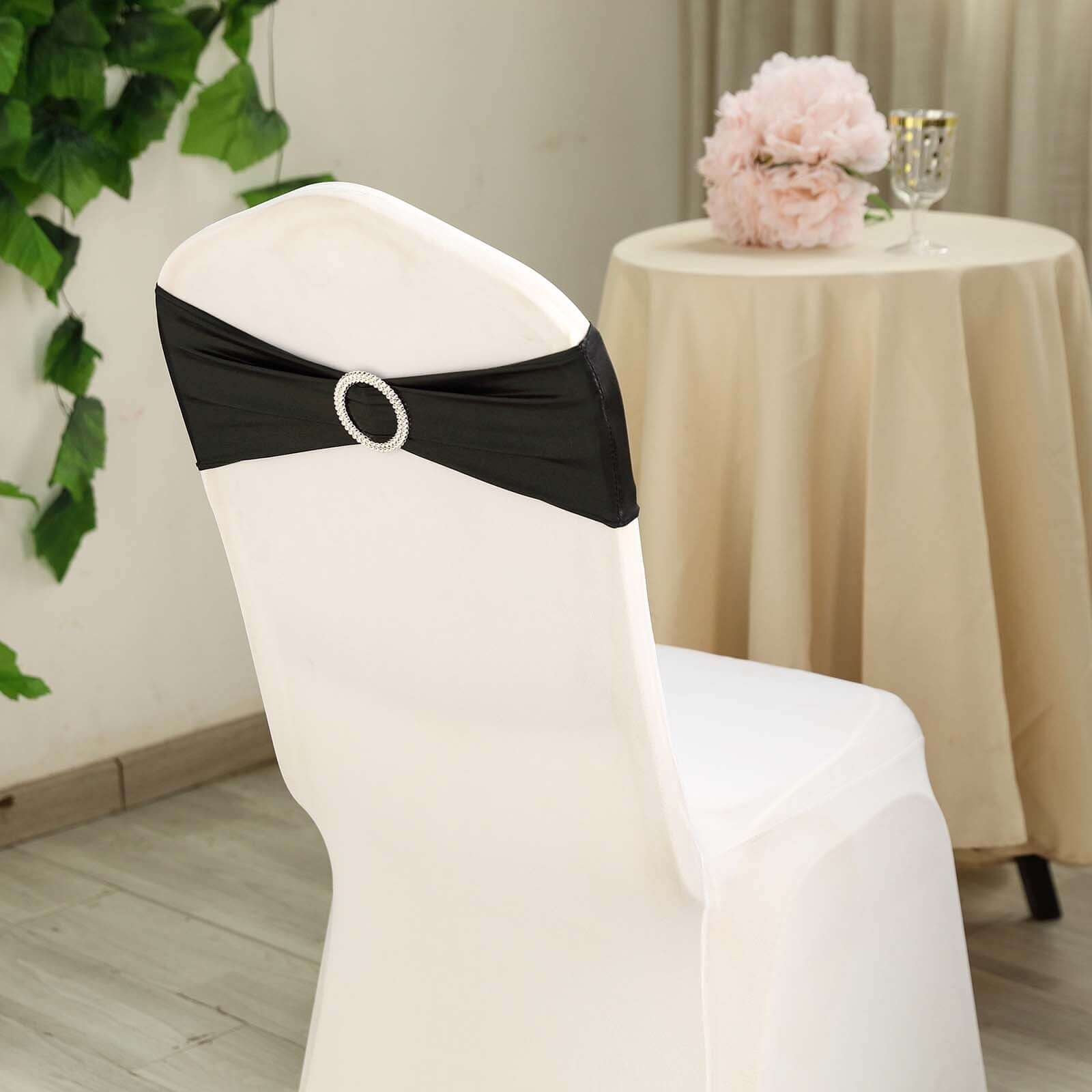 5 Pack Metallic Spandex Chair Sashes Black - Stretch Fit Chair Bands With Round Diamond Buckles for Glamorous Event Decor