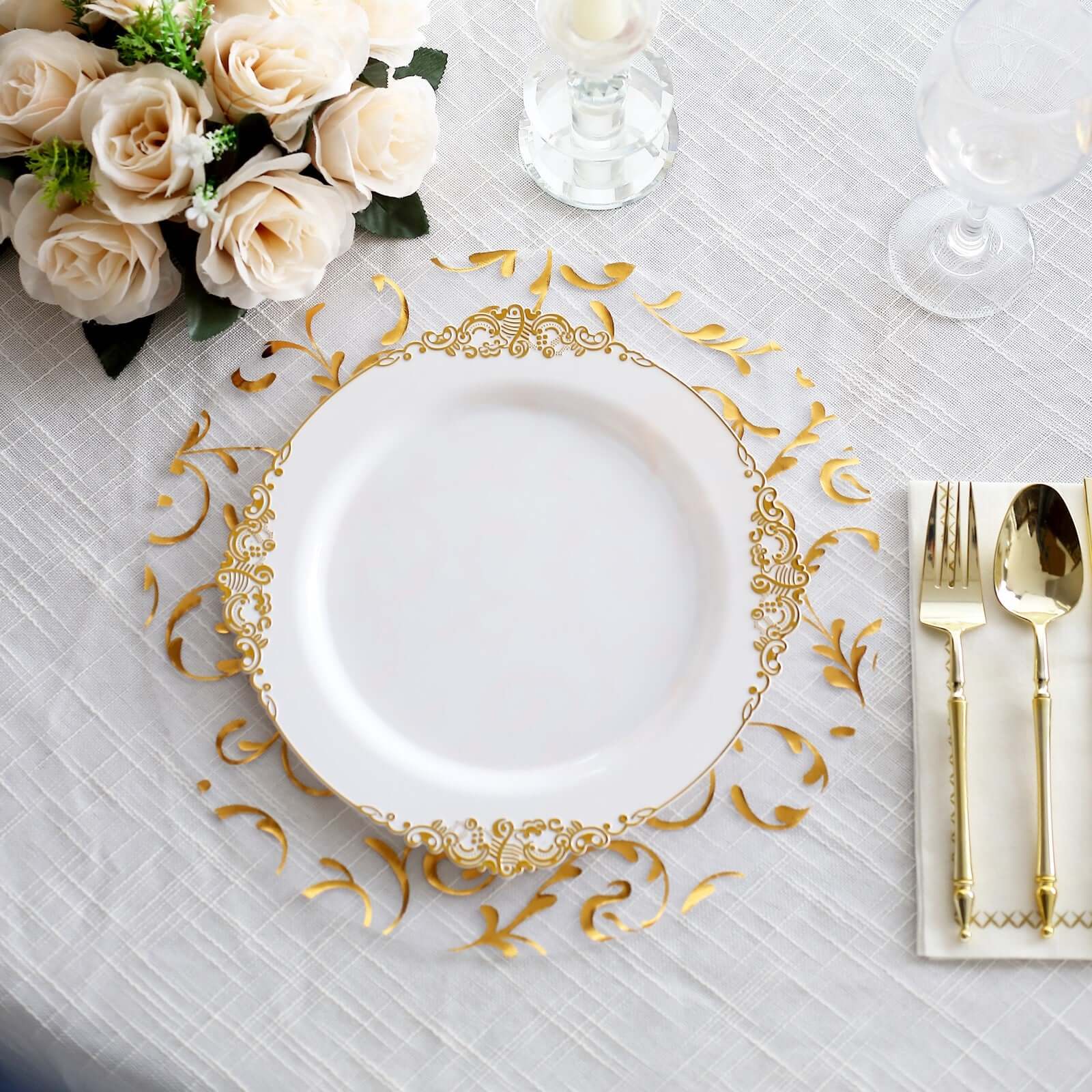 10-Pack Table Placemats Embossed Foil Flower Design Metallic Gold Round - Sheer Organza Disposable Mats 13