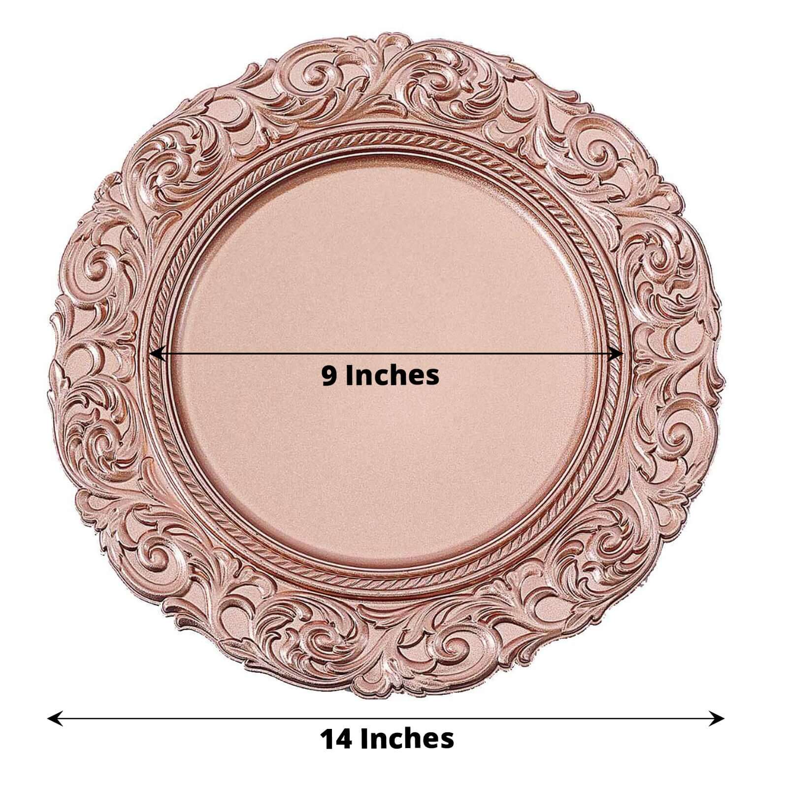 6-Pack Acrylic Round Charger Plates 14 in Rose Gold with Engraved Baroque Rim, Vintage Disposable Decorative Chargers