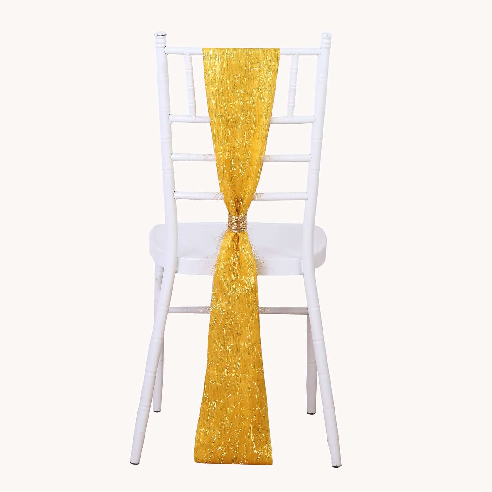 5 Pack Polyester Chair Sashes Gold Metallic Tinsel Fringe - Easy to Use Sparkly Chair Bows 6x108