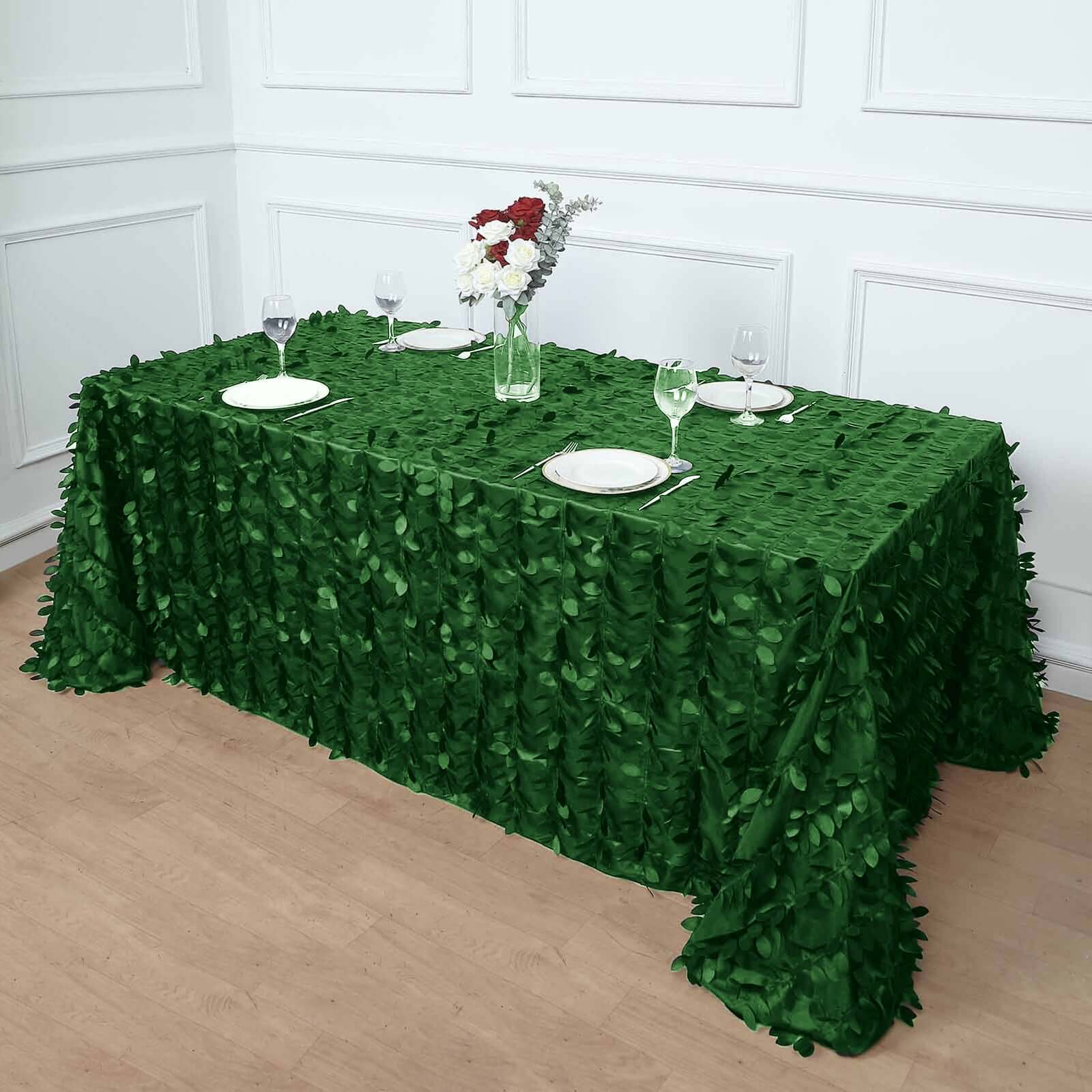 Taffeta 90x132 Rectangle Tablecloth Green | 3D Leaf Petal Design Seamless Table Cover