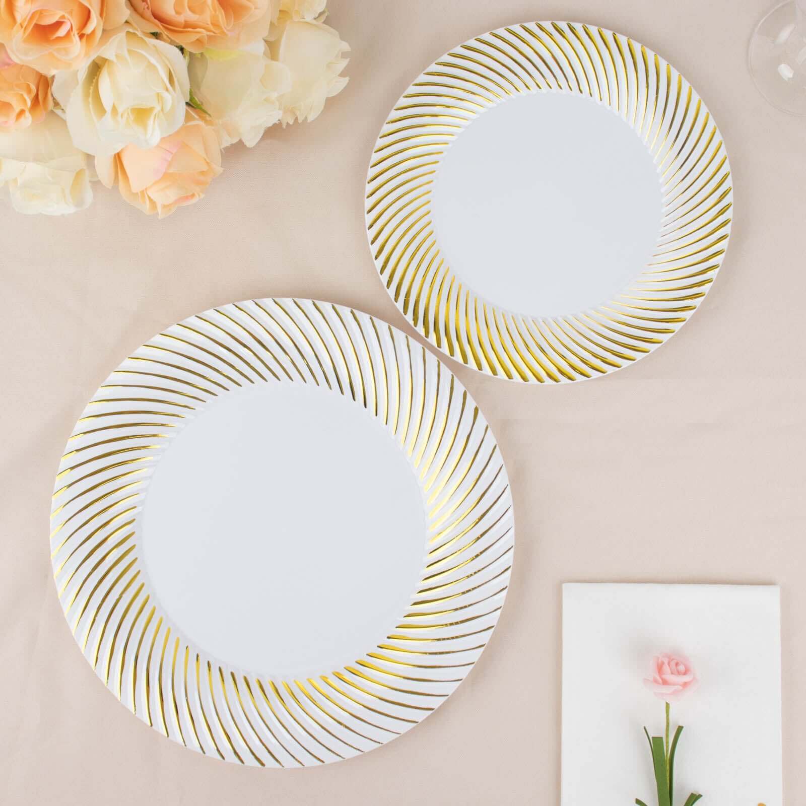 10-Pack Plastic 7 Round Dessert Plates in White with Gold Swirl Rim - Disposable Salad Plates for Classy Events & Banquets