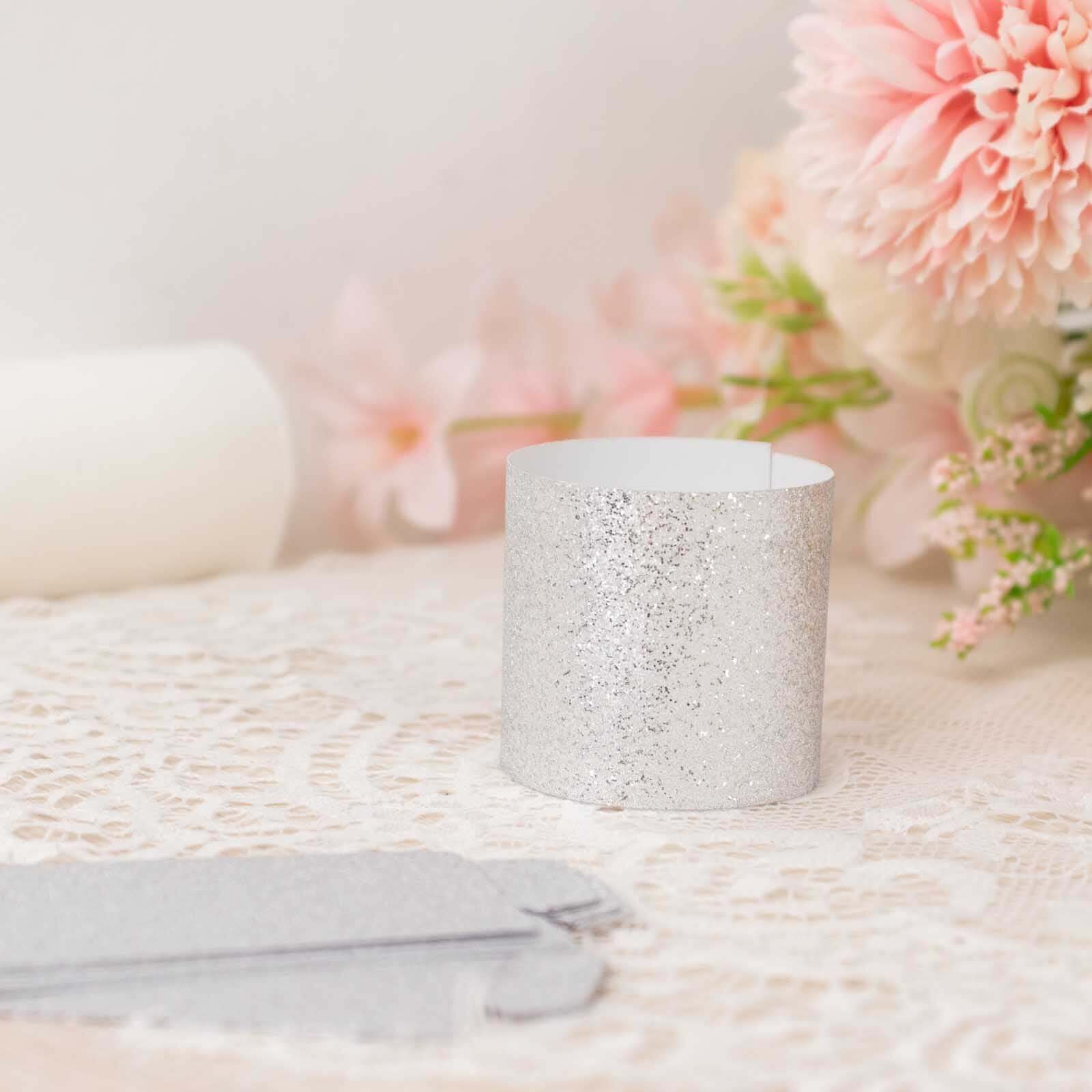 50-Pack Paper Napkin Rings Silver Glitter - Stylish Disposable Napkin Holders 1.5