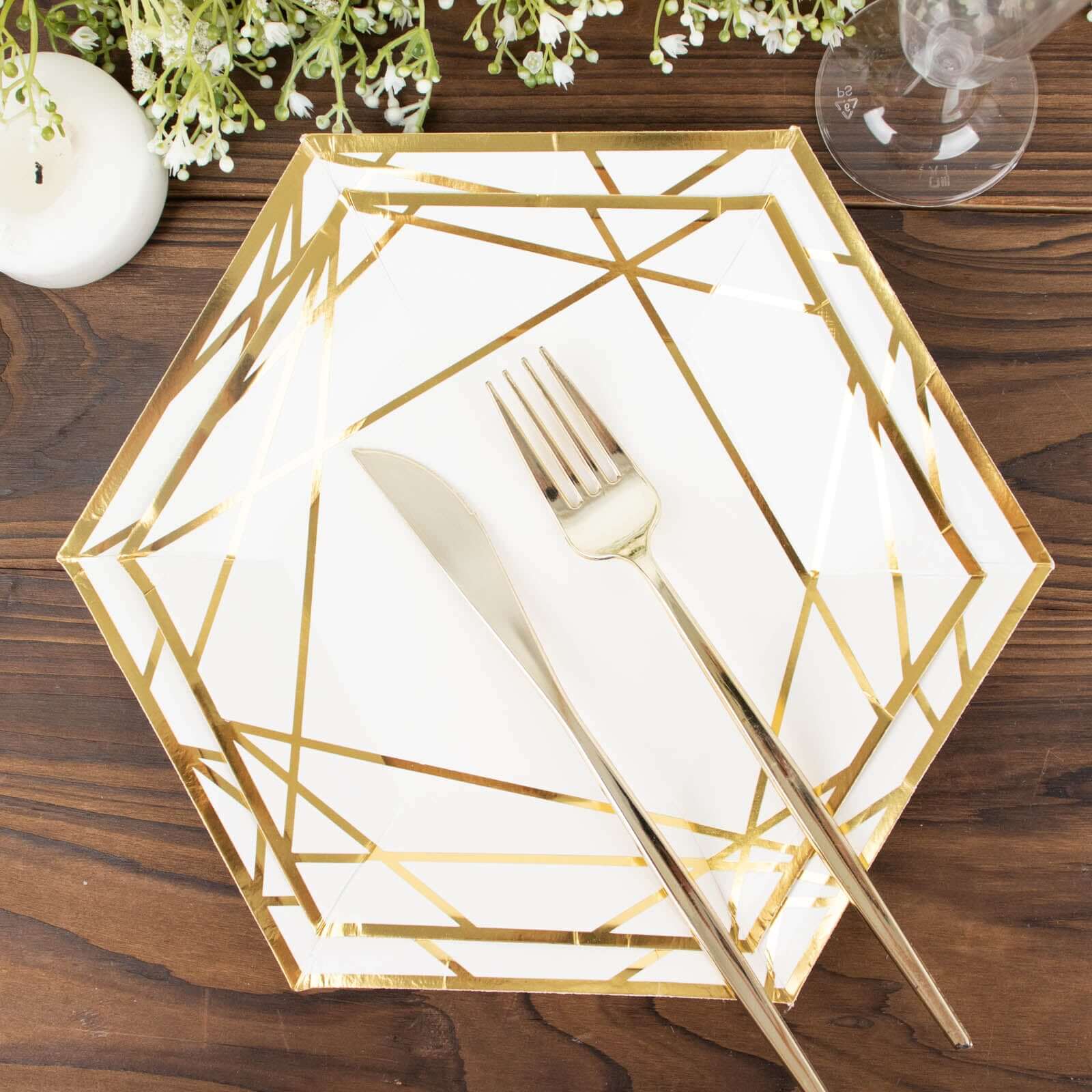 25-Pack Paper 7 Hexagon Dessert Plates in White with Gold Geometric Lines & Rim - Stylish Disposable Geometric 300GSM Appetizer Salad Plates for Events & Banquets