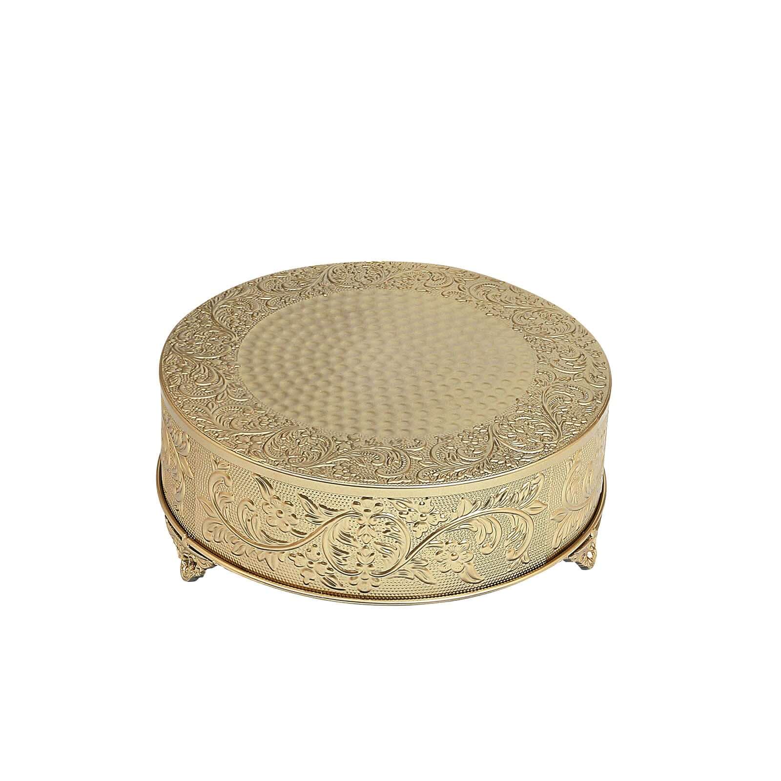 Metal 14 Round Cake Pedestal Stand Matte Gold - Cupcake Dessert Display Riser with Intricate Embossed Design for Upscale Events & Gatherings