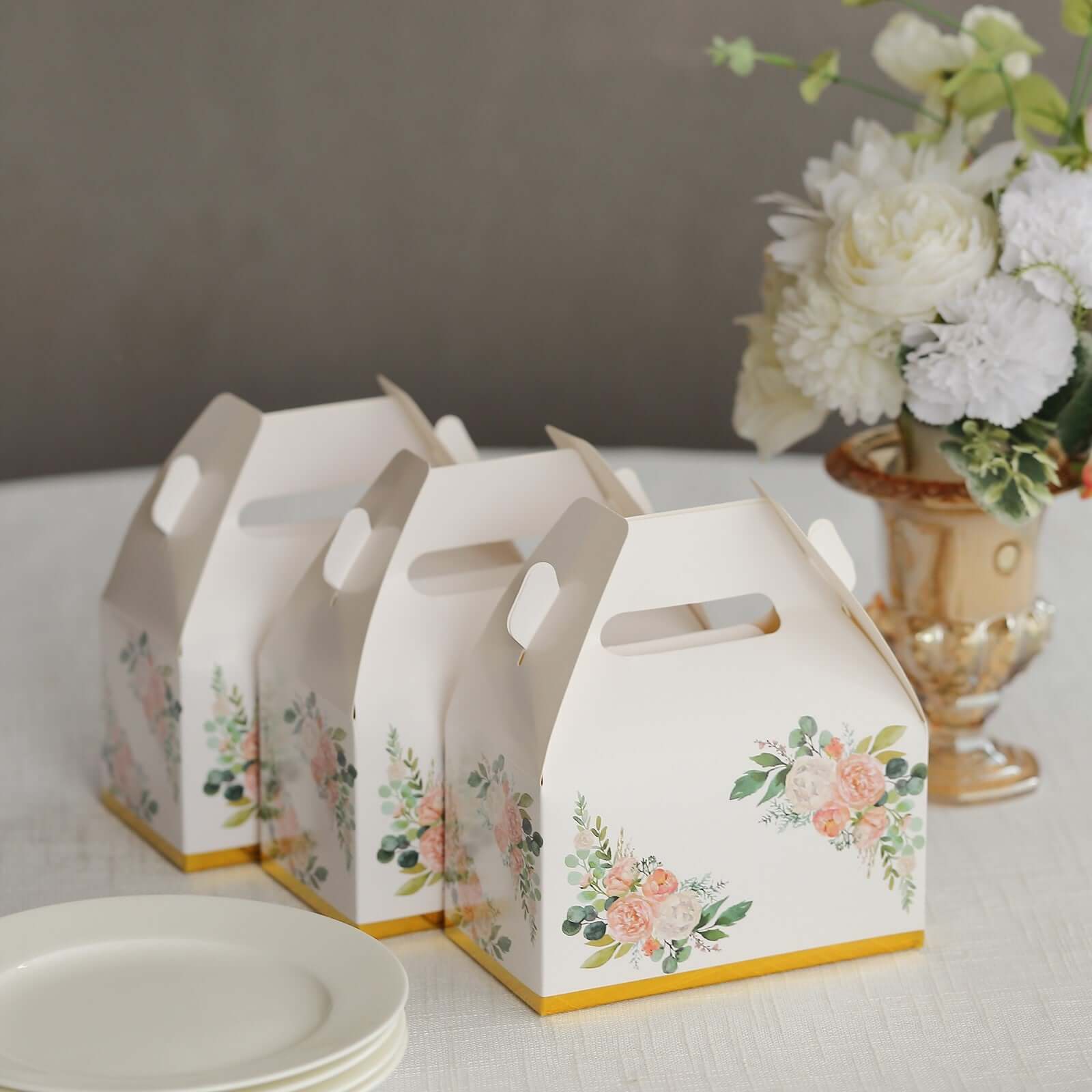 25 Pack White Pink Peony Flowers Print Candy Gift Tote Gable Boxes with Gold Edge, Party Favor Treat Boxes - 6x3.5x7