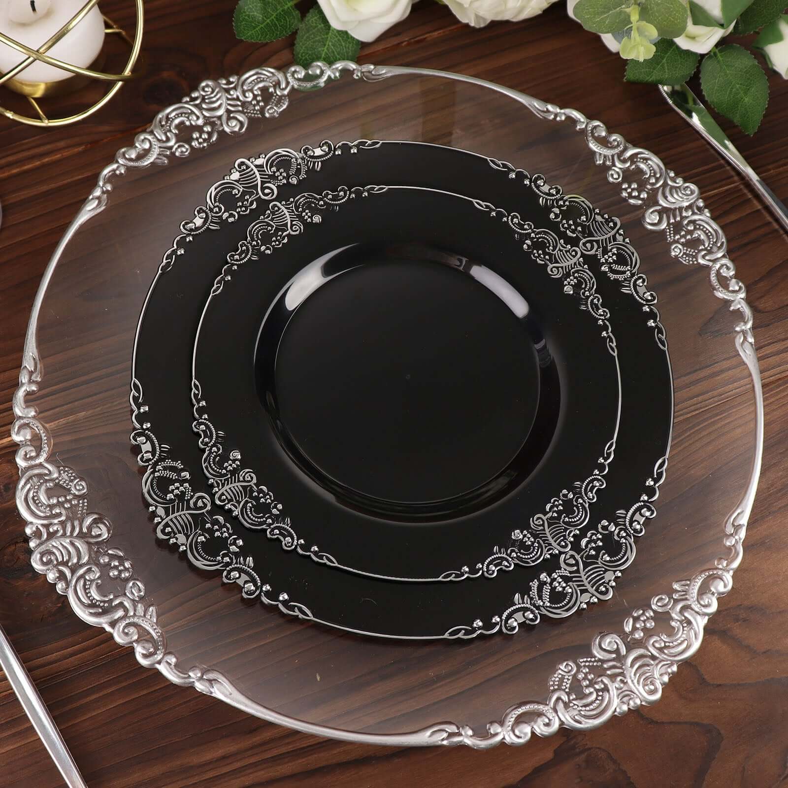 10-Pack Plastic 8 Round Dessert Plates in Black with Silver Leaf Embossed Rim - Disposable Vintage Baroque Style Salad Plates