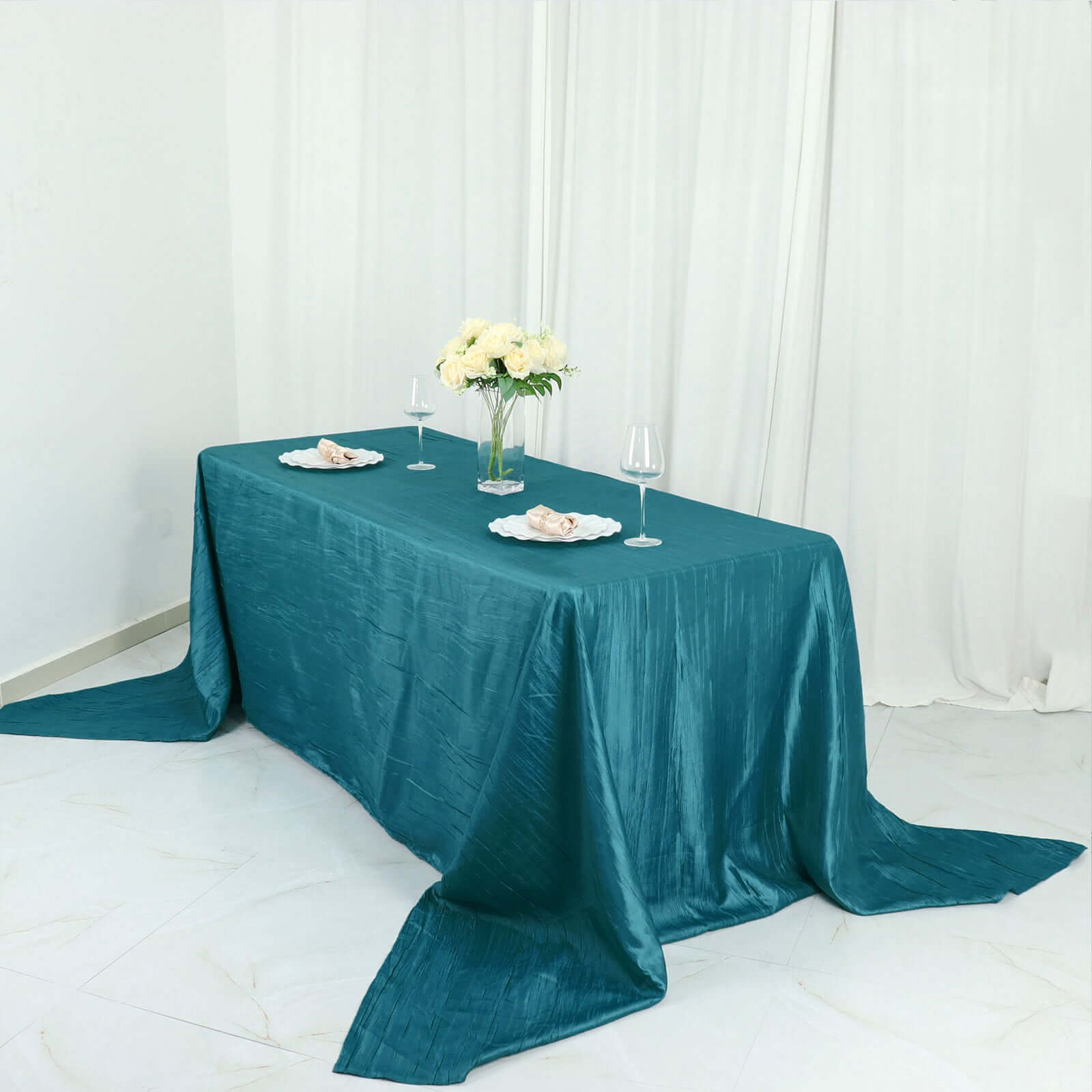 Taffeta 90x156 Rectangle Tablecloth Teal - Accordion Crinkle Seamless Table Cover
