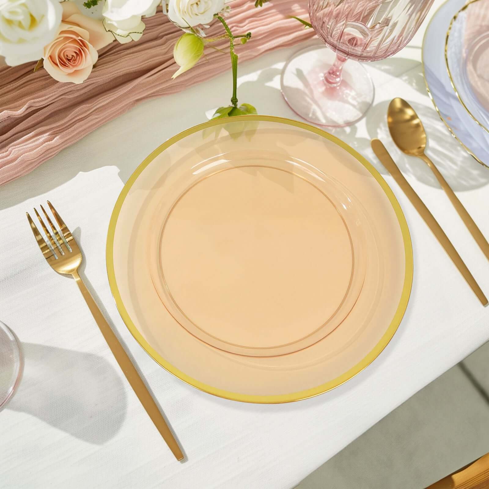 10-Pack Economy Plastic Round Charger Plates 12 in Transparent Amber Gold with Wide Gold Rim, Decorative Dinner Party Serving Plates