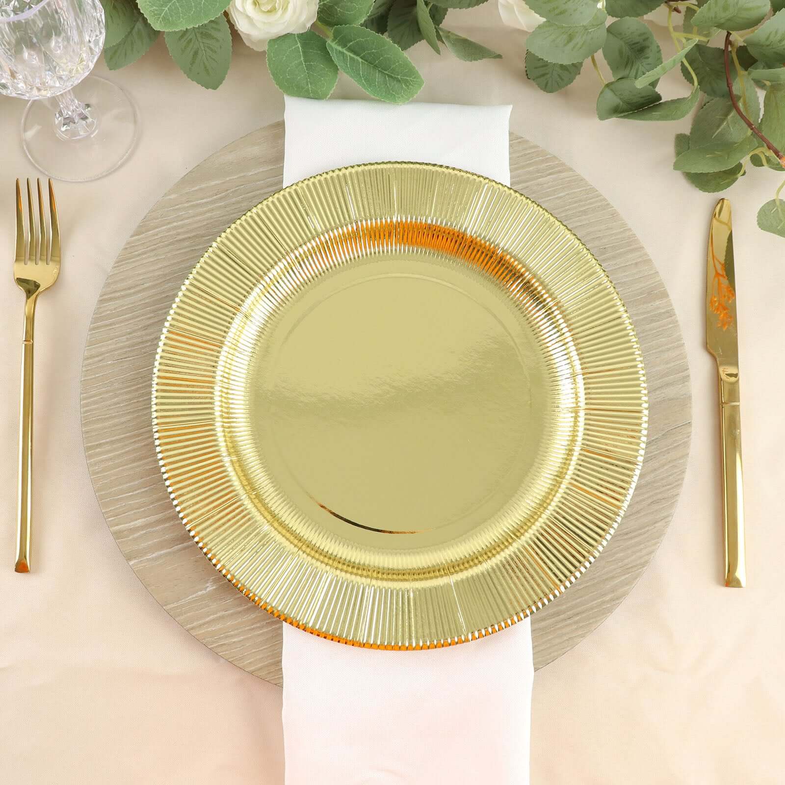 25-Pack Paper 10 Round Dinner Plates in Metallic Gold Sunray Design - Disposable Heavy Duty 350GSM Party Plates