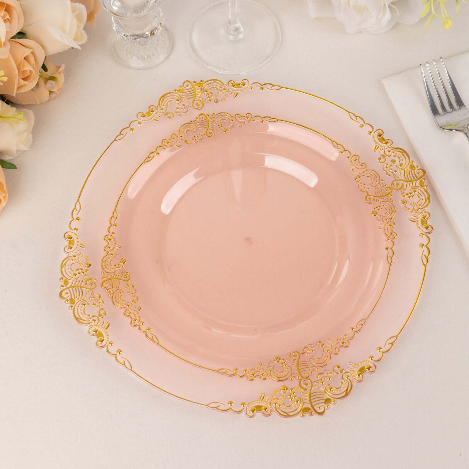 10-Pack Plastic 8 Round Dessert Plates in Transparent Blush with Gold Leaf Embossed Rim - Disposable Vintage Baroque Style Salad Plates