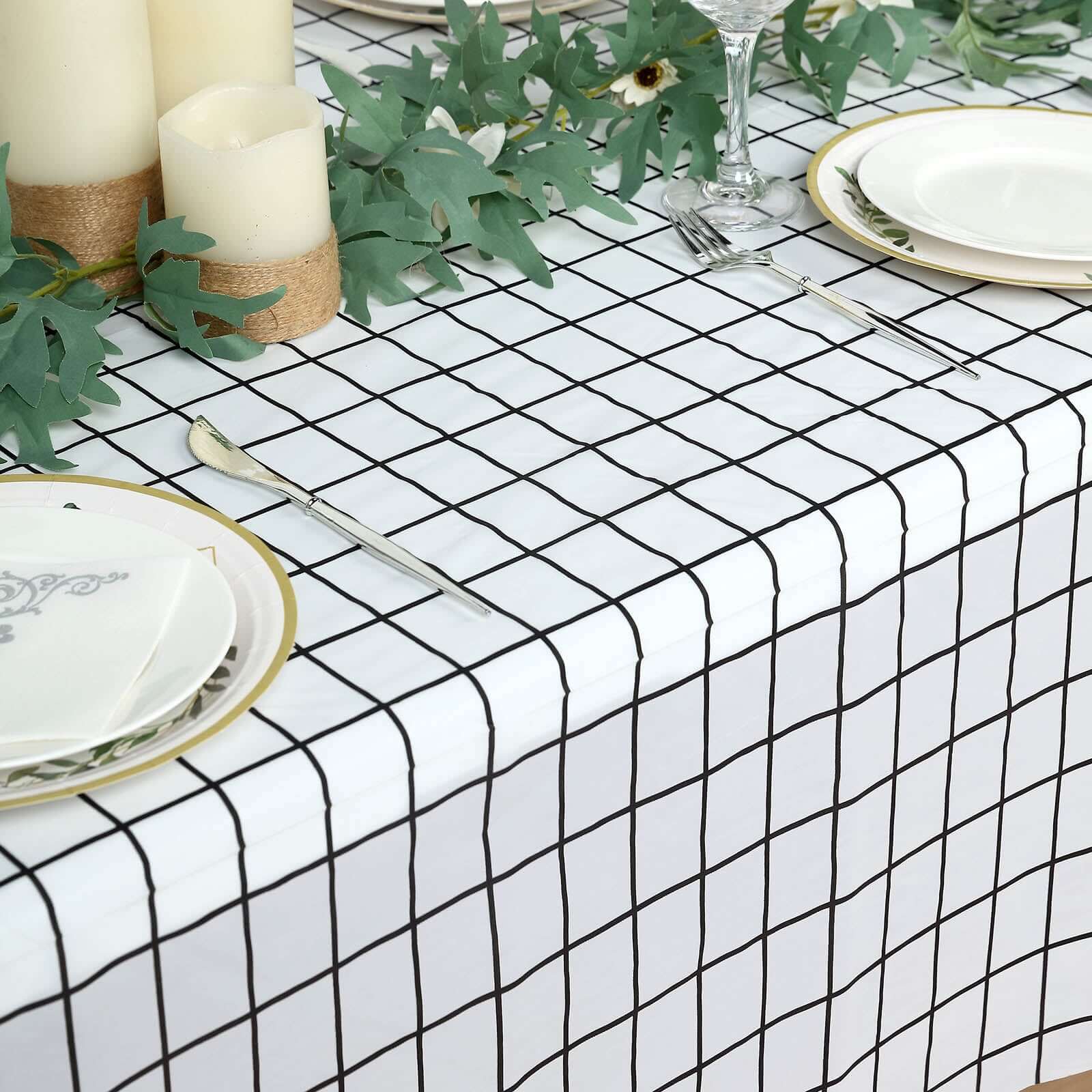 5-Pack Plastic Table Covers Black/White Grid Rectangle - Durable Checkered PVC Disposable Tablecloths 54x108