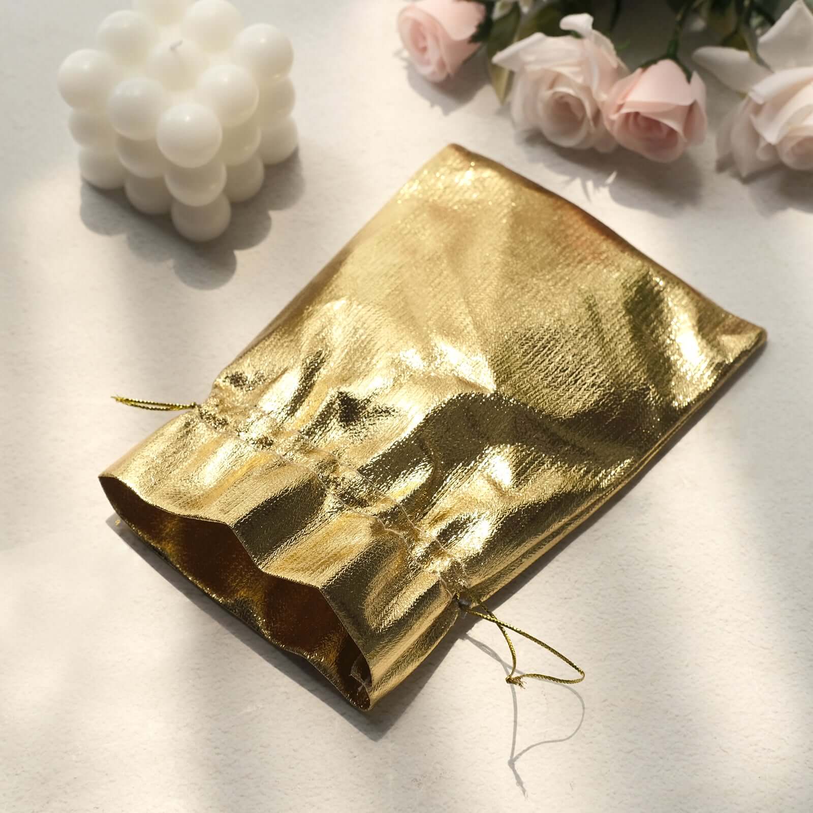 10 Pack Metallic Gold Lame Polyester 5x7 Party Favor Gift Bags, Shiny Fabric Drawstring Candy Pouch