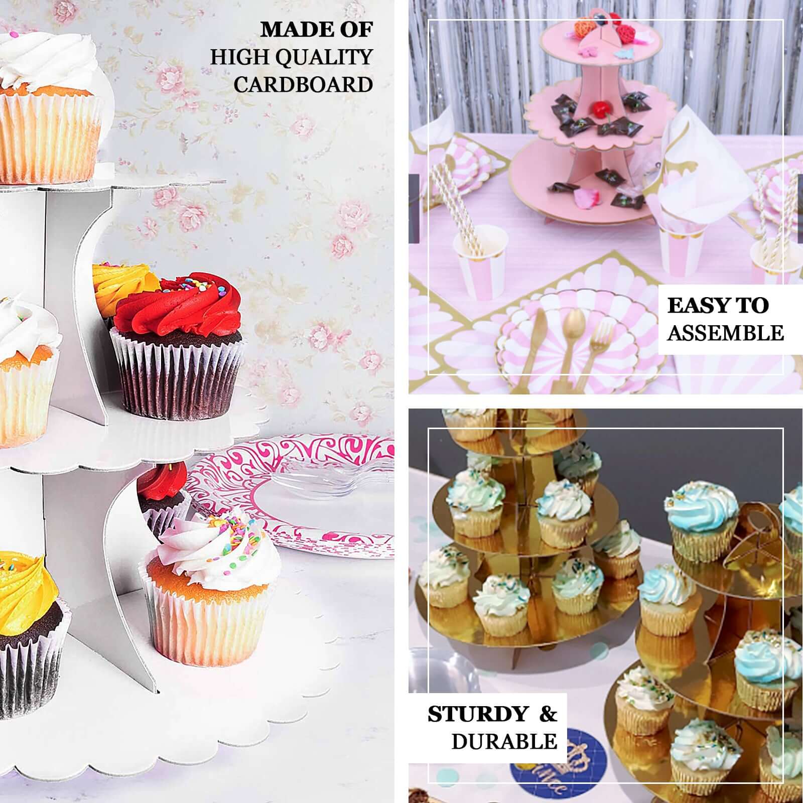 3-Tier Cardboard Cupcake Stand Metallic Silver - Reusable Dessert Table Display Tower for Classy Birthday Wedding Party Decoration 14