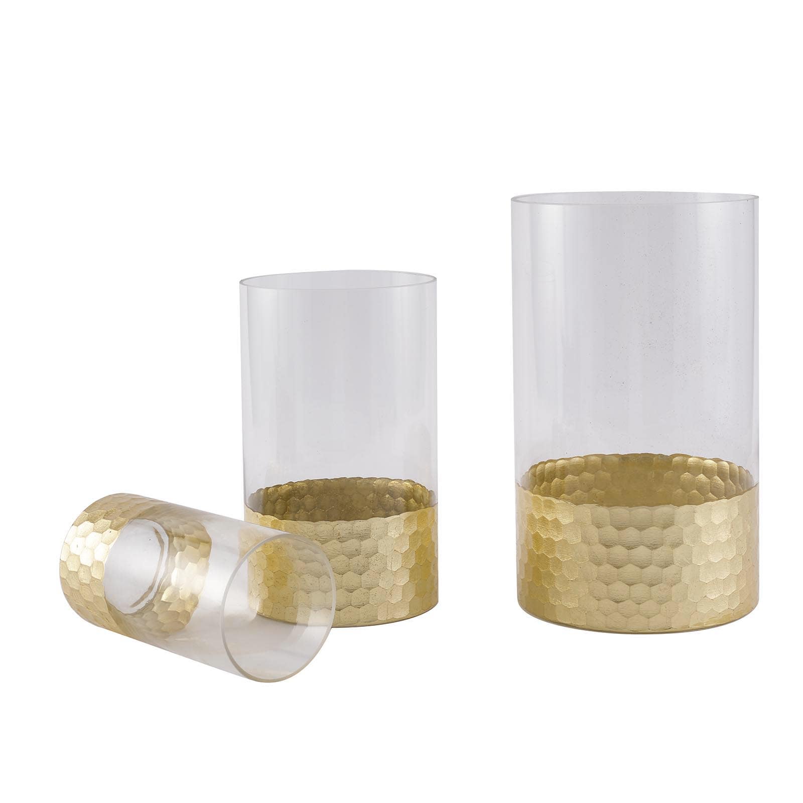 Set of 3 Glass Cylinder Vases Honeycomb Design Clear with Gold Base - Decorative Candle Holder Centerpieces 6, 8, 10