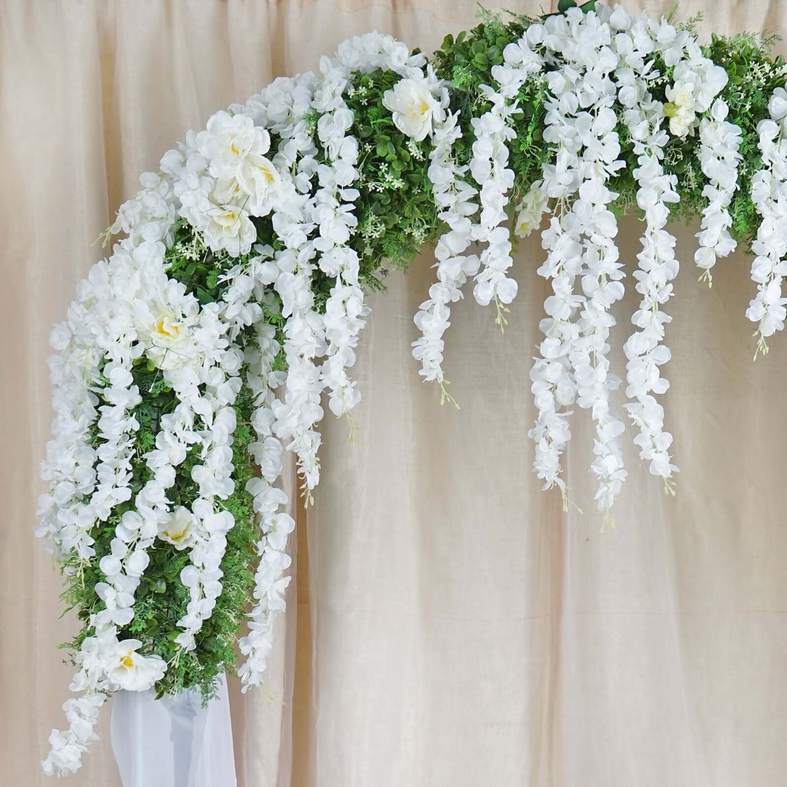 42 Silk Hanging Wisteria Flower Garland Vines in White, Elaborated 5 Full Strands in 1 Bush